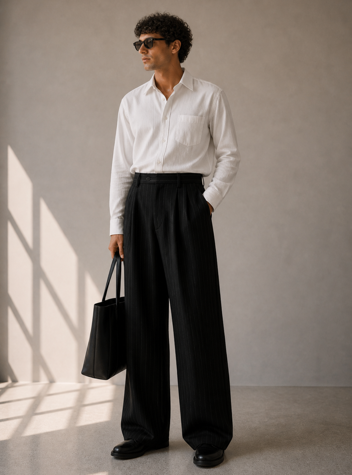 Man wearing a white shirt and black pants holding a black bag against a neutral background