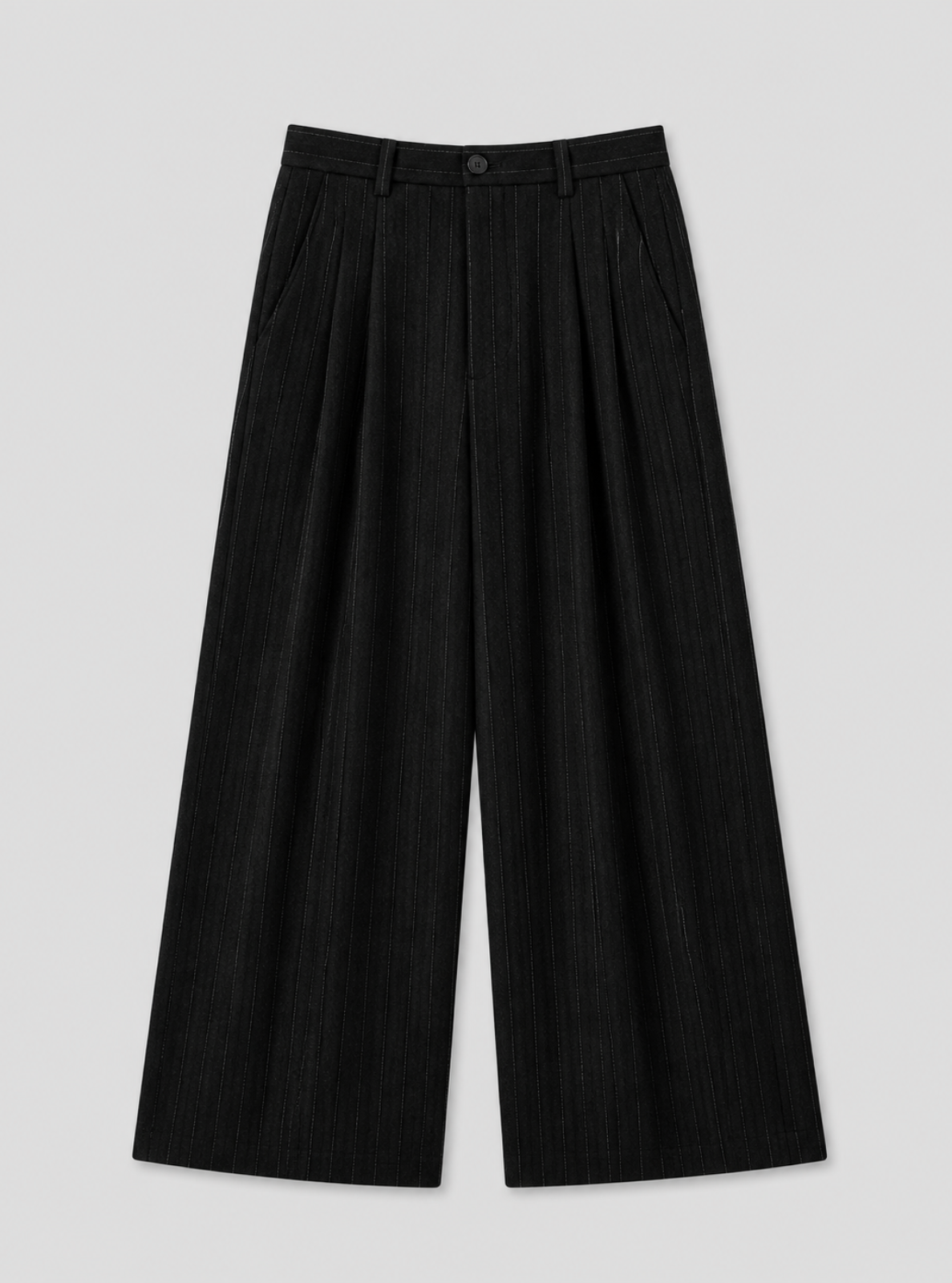 Black wide-leg pants on a light gray background