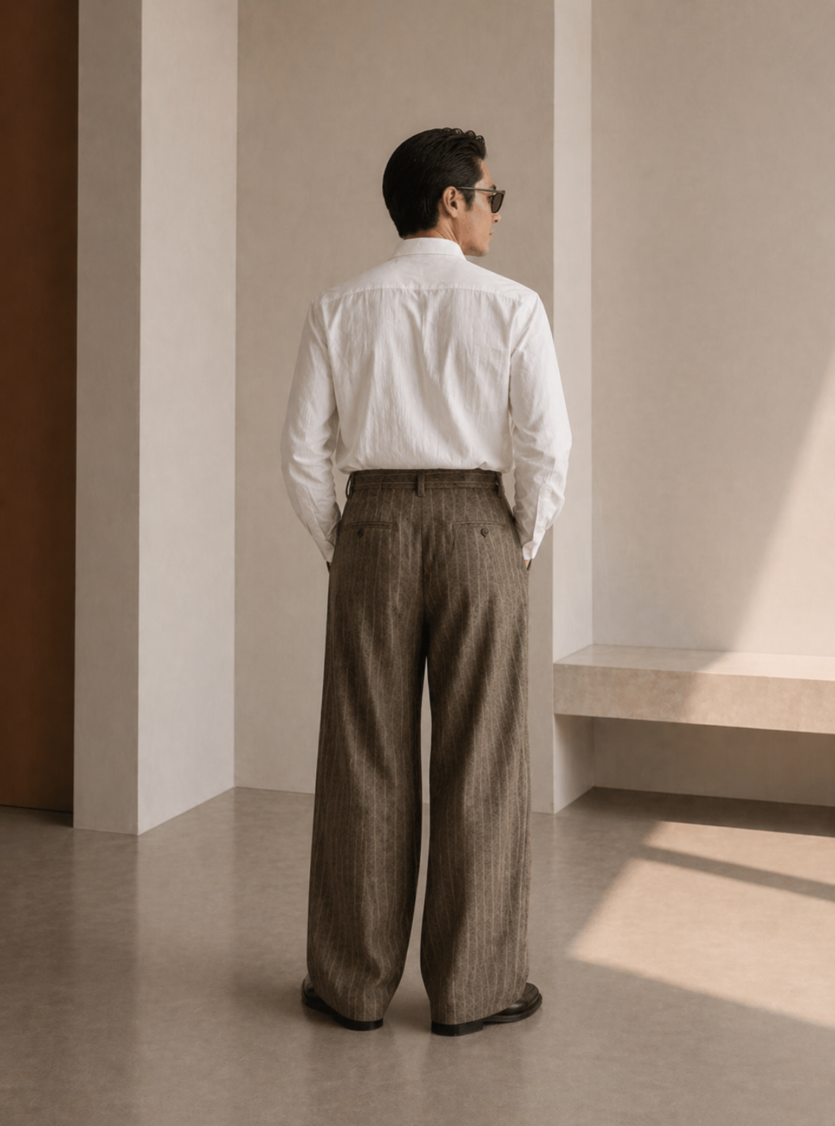 Man wearing a white shirt and brown pants standing in a minimalistic room.