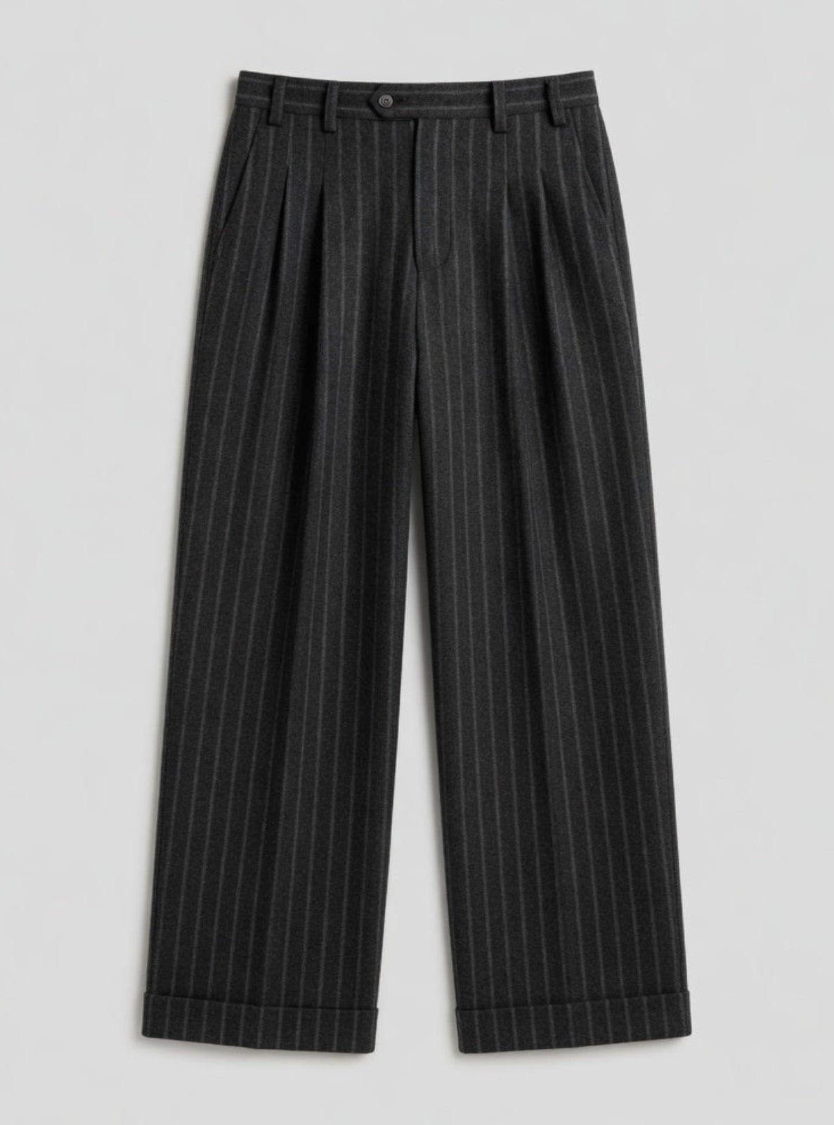 Black pinstripe pants on a light gray background