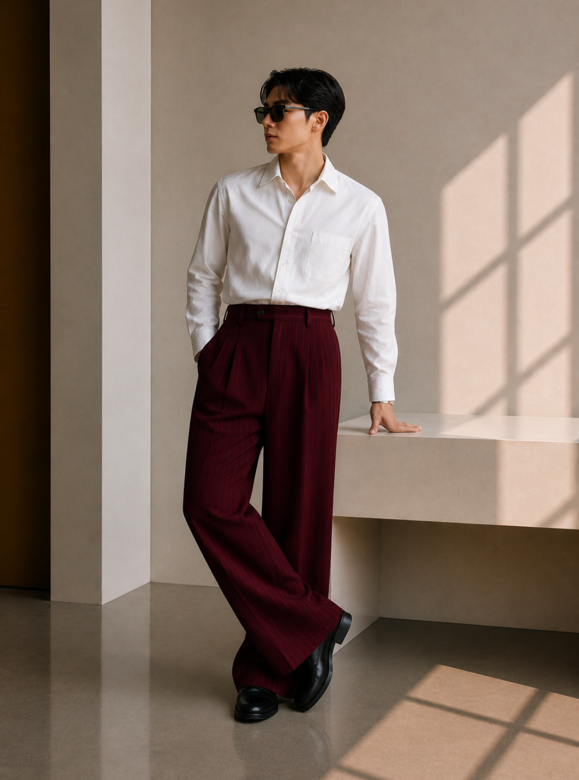 Person wearing a white shirt and burgundy pants standing in a sunlit room.