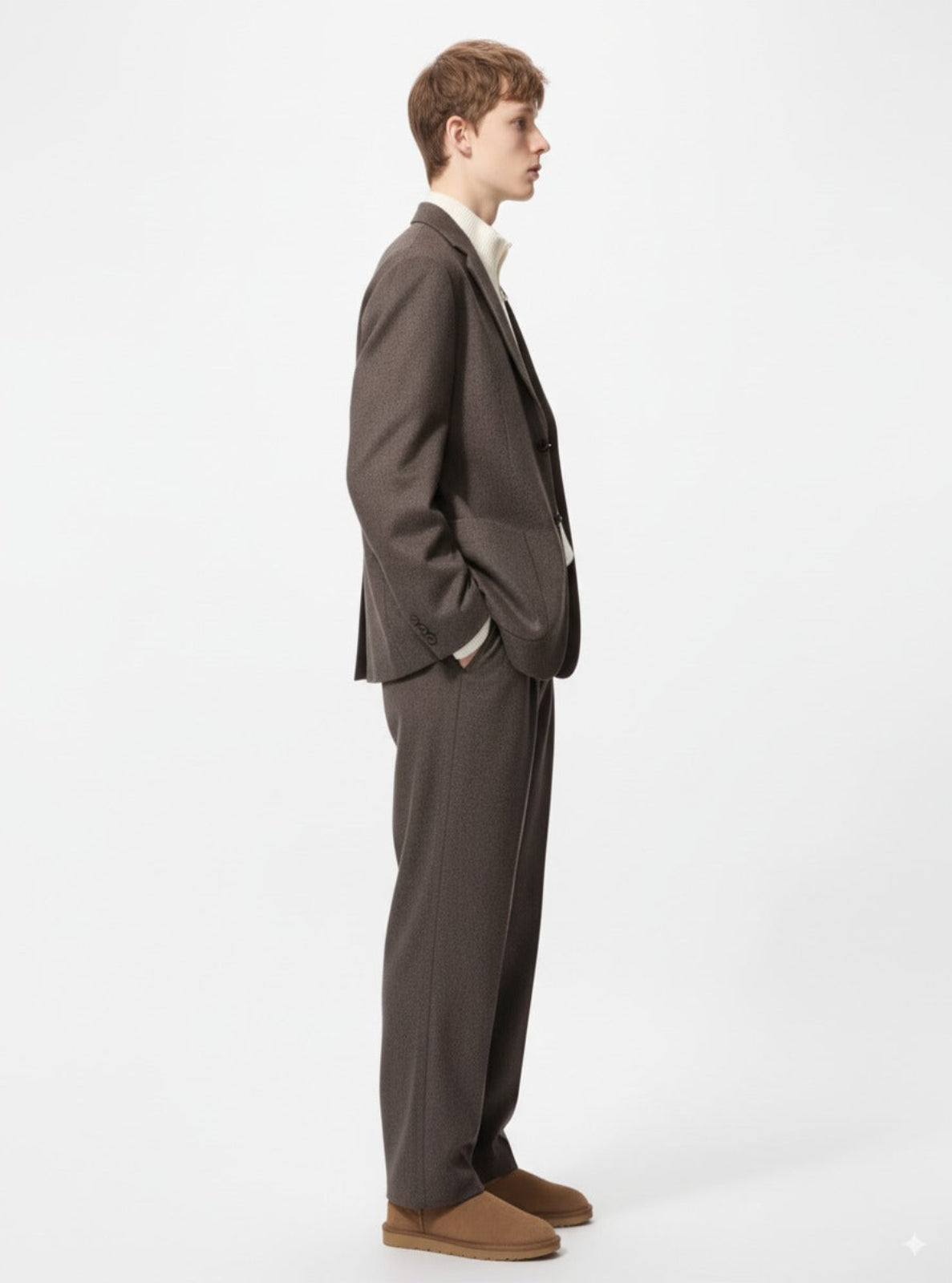 Man wearing a brown suit standing against a white background