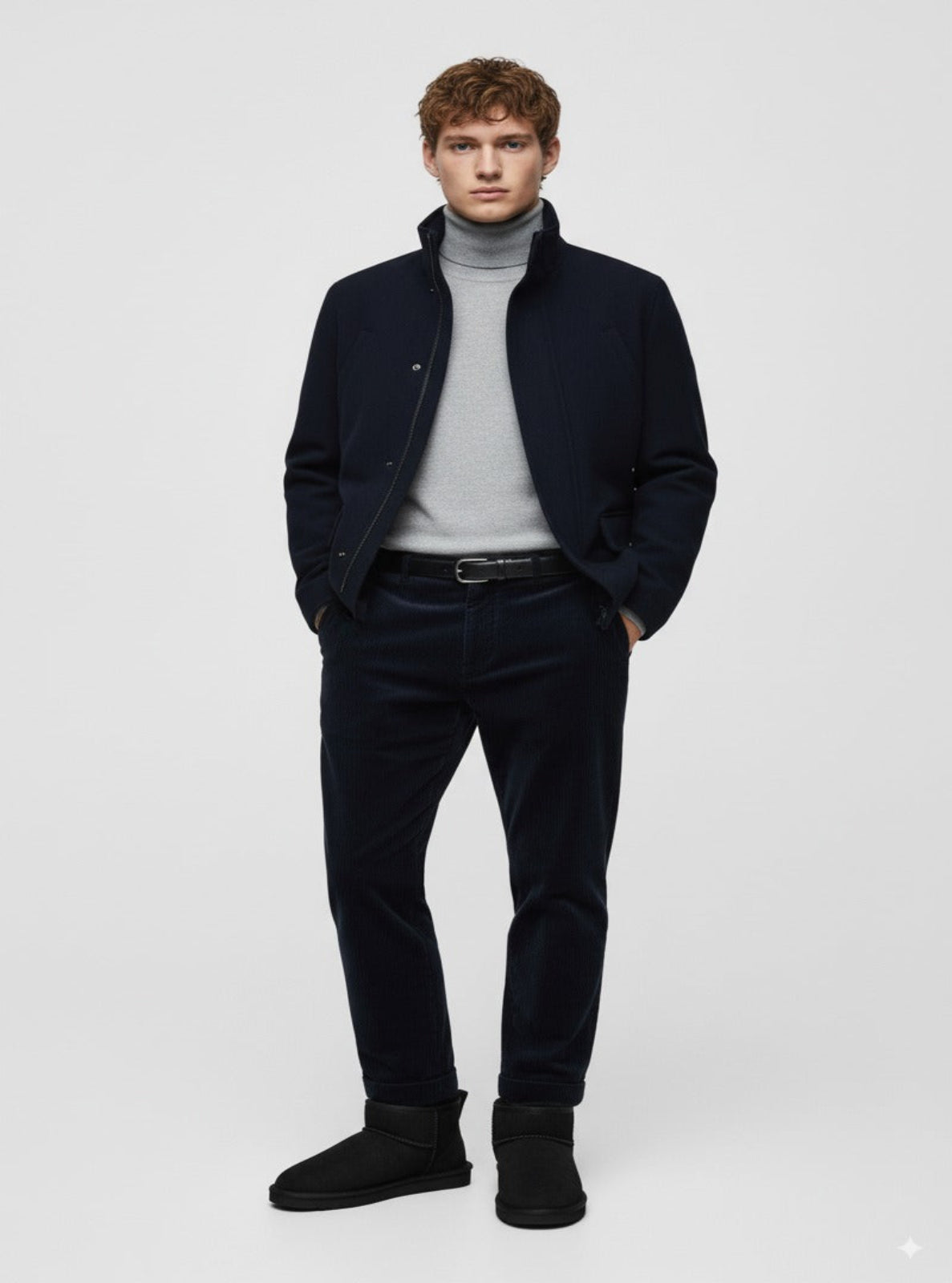 Man wearing a dark coat, light sweater, and black pants on a white background