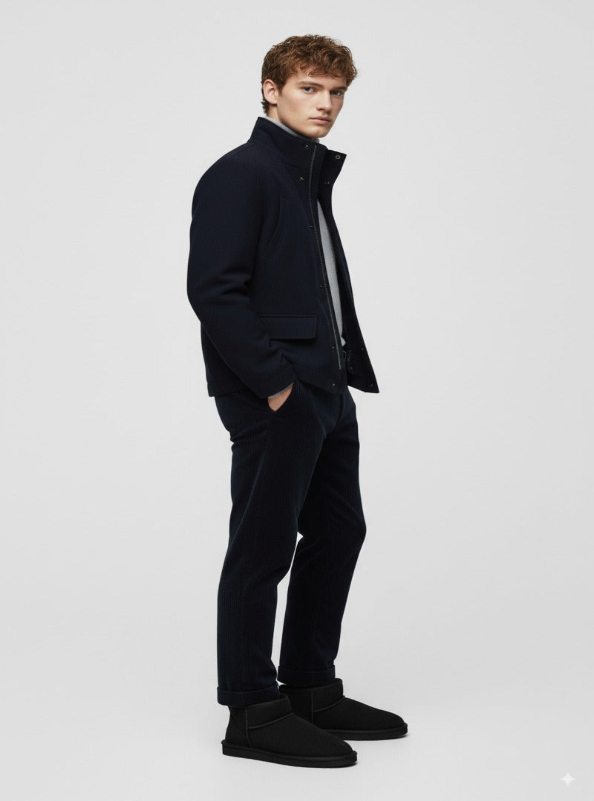 Man wearing a dark coat, pants, and shoes on a white background
