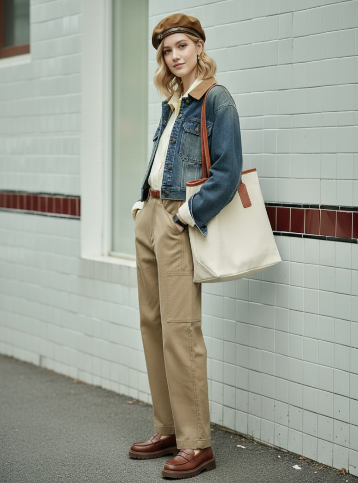 Person wearing a denim jacket, beige pants, and brown shoes, holding a beige tote bag against a tiled wall.