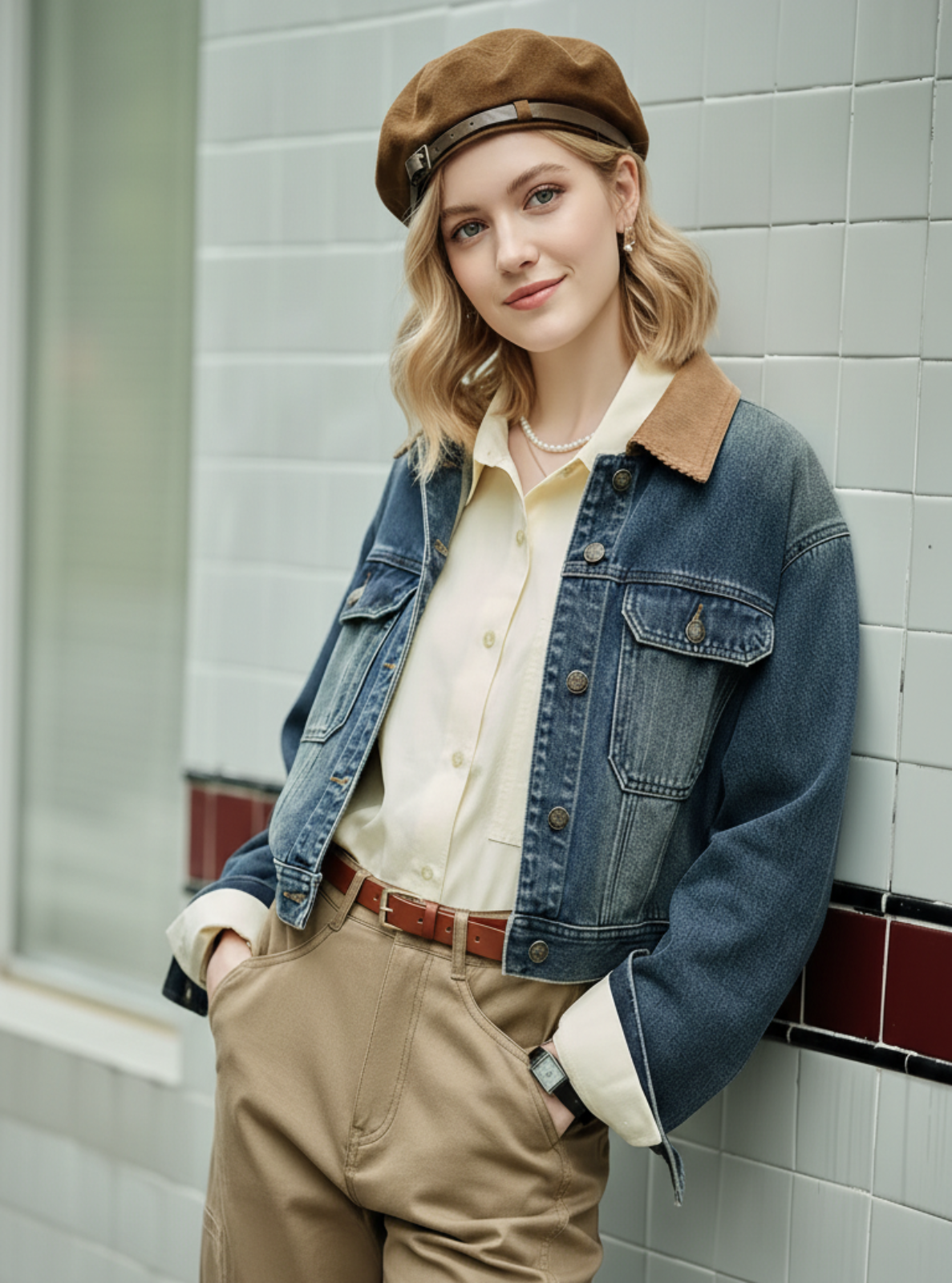 Woman wearing a denim jacket, beige pants, and a brown cap against a tiled wall.