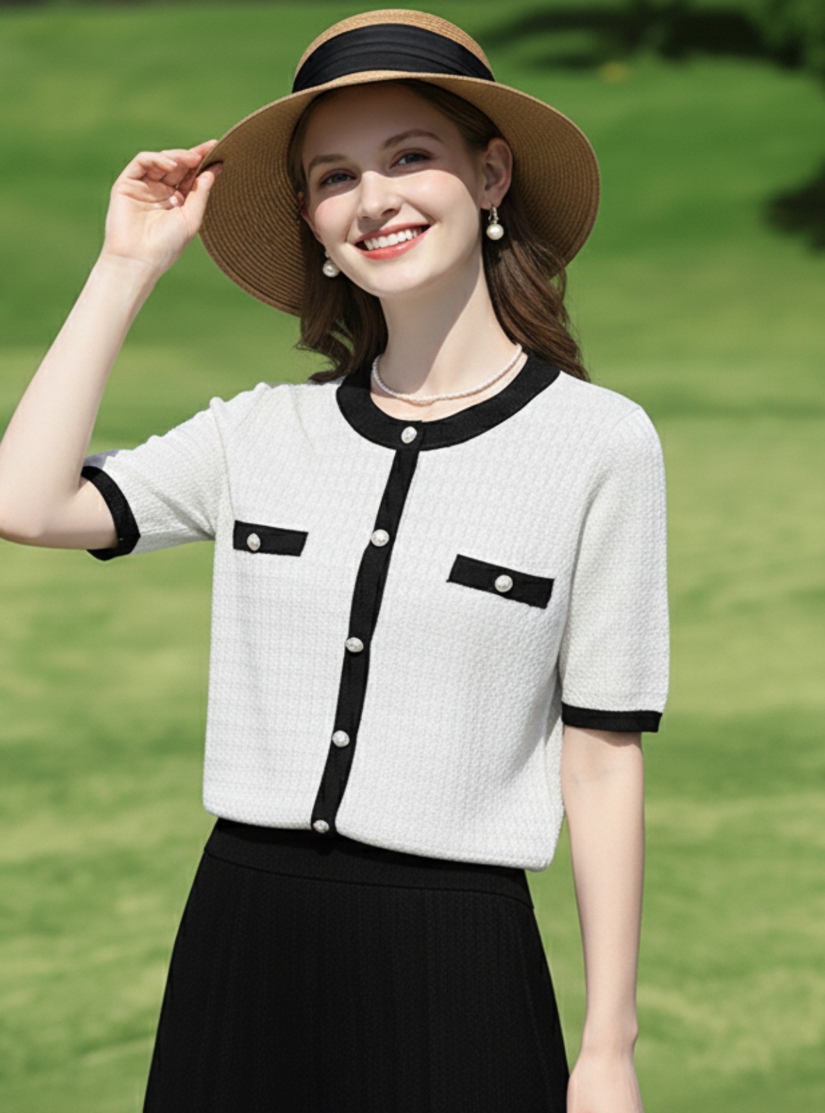Woman wearing a white short-sleeve blouse with black accents and a black skirt, standing on grass.