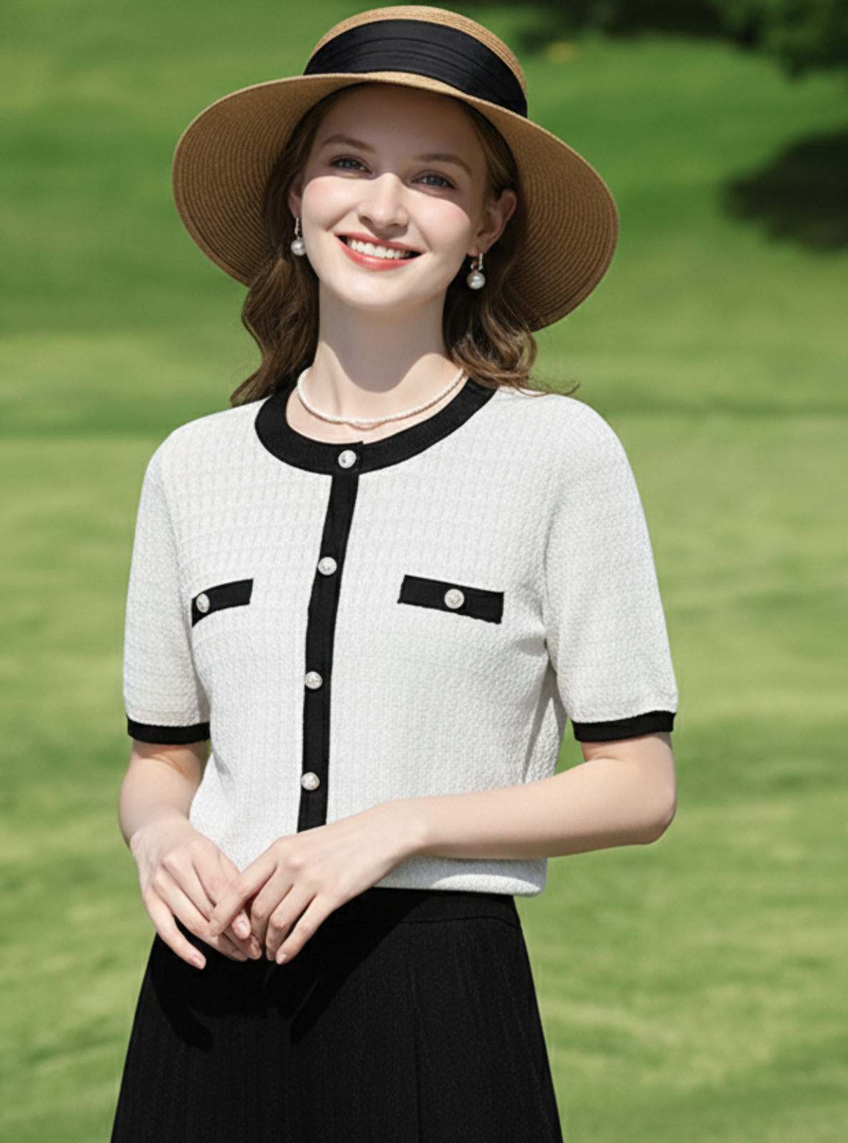Woman wearing a white blouse with black accents and a wide-brimmed hat in a grassy outdoor setting