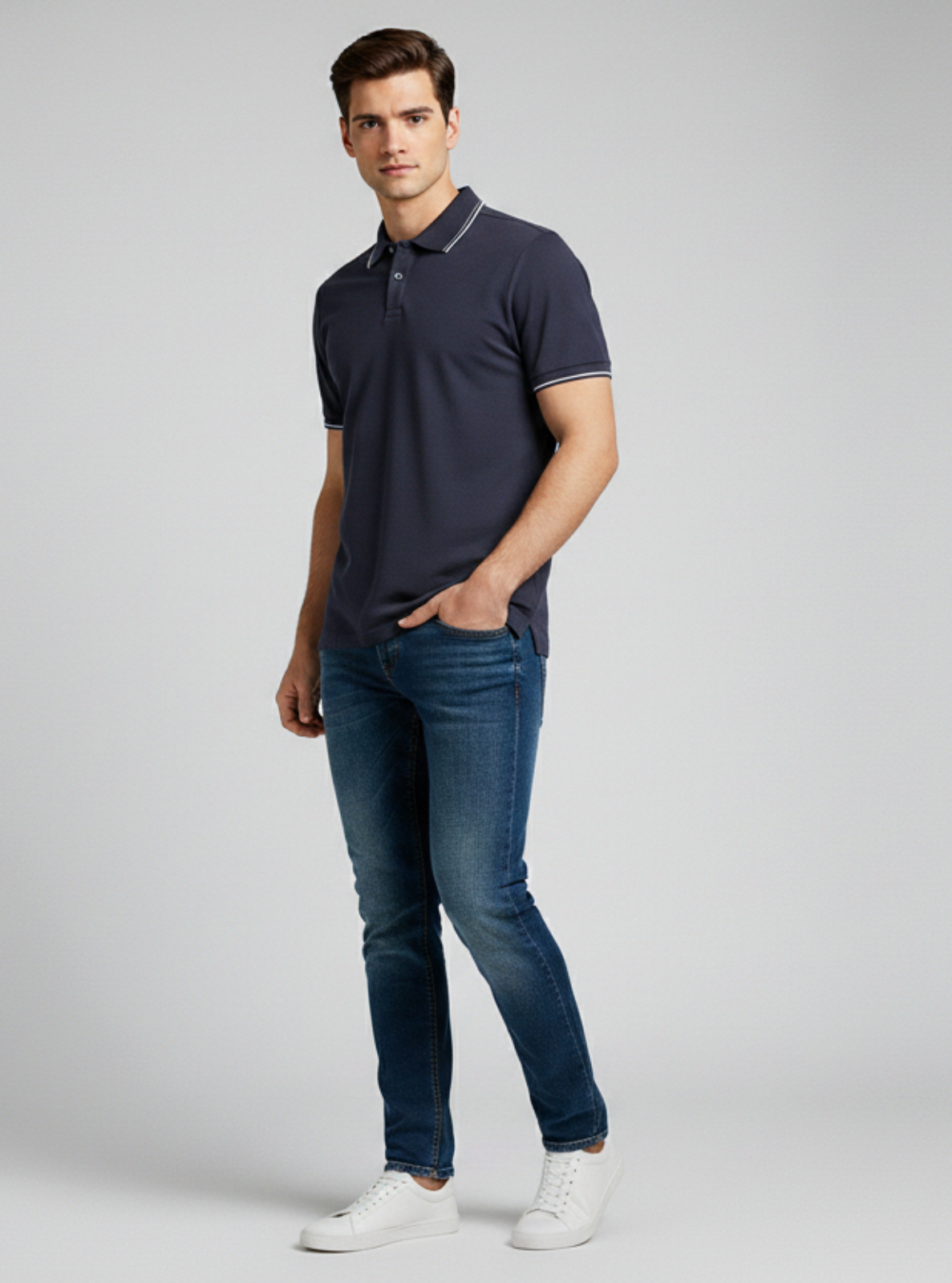Man wearing a navy polo shirt and blue jeans on a gray background
