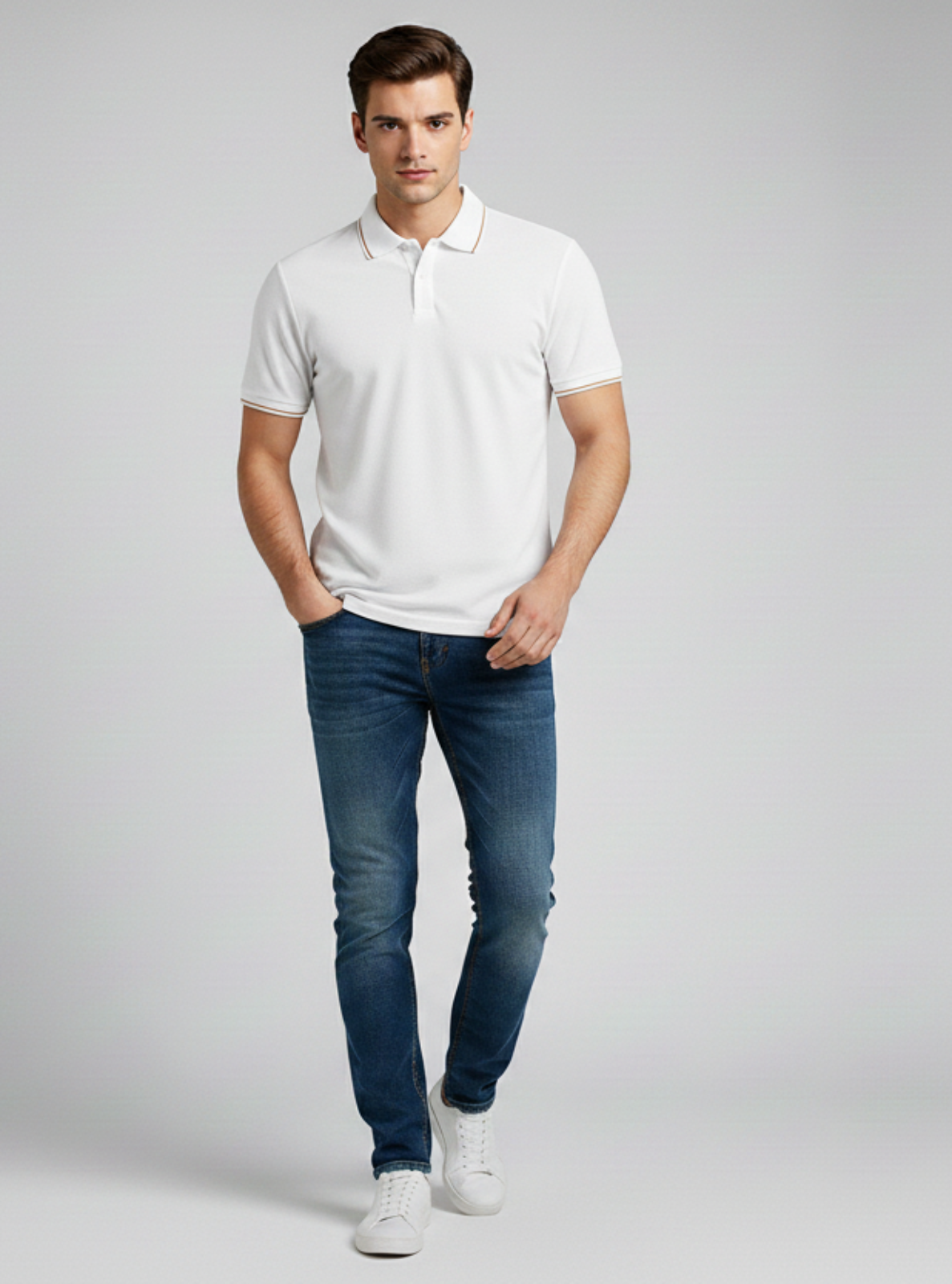 Man wearing a white polo shirt and blue jeans on a gray background