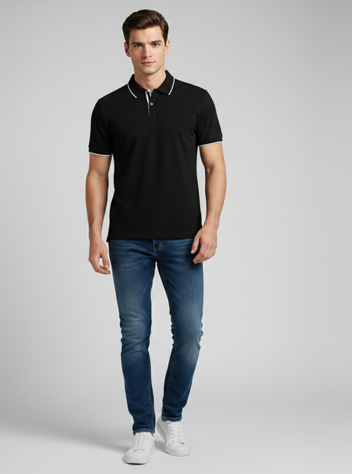 Man wearing a black polo shirt and blue jeans on a gray background