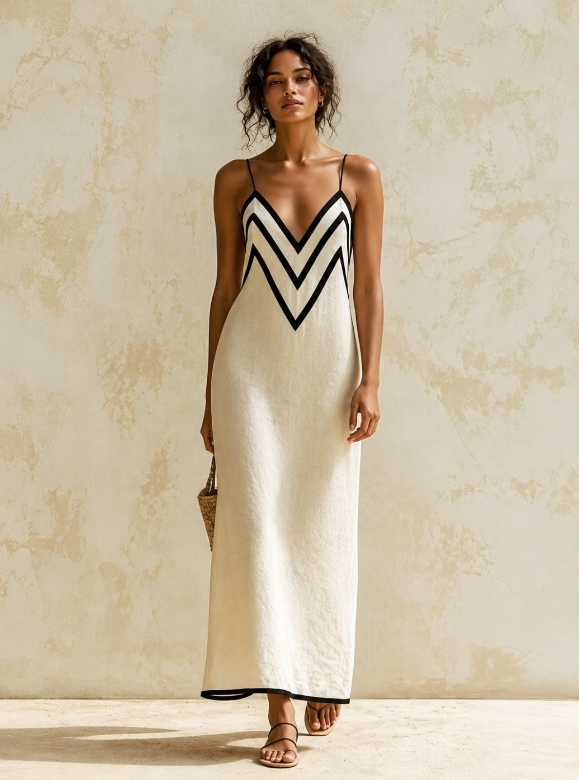 A woman models a cream maxi slip dress with black and white chevron embroidery on the bodice, standing against a textured beige plaster wall.