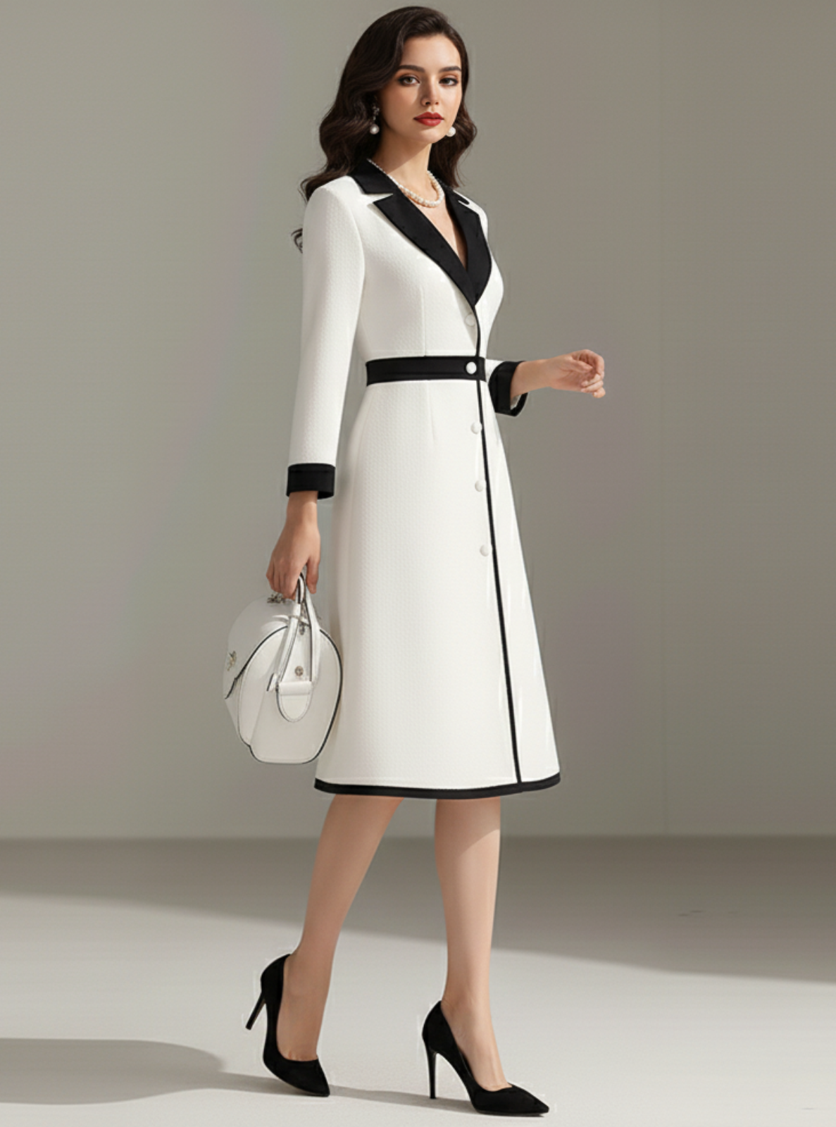Woman wearing a white dress with black accents holding a matching handbag on a plain background