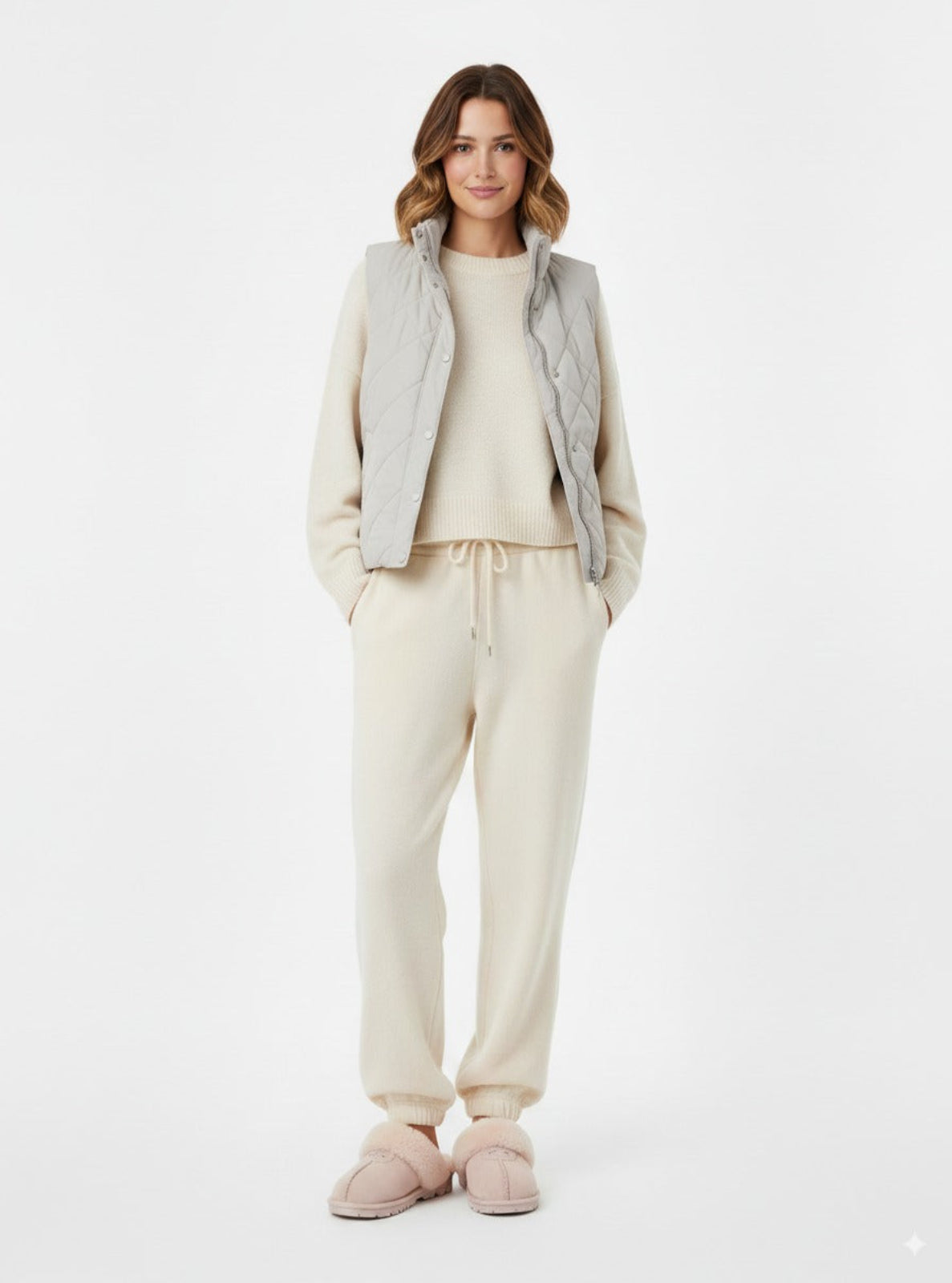 Woman wearing a light gray jacket, cream sweater, and pants on a white background