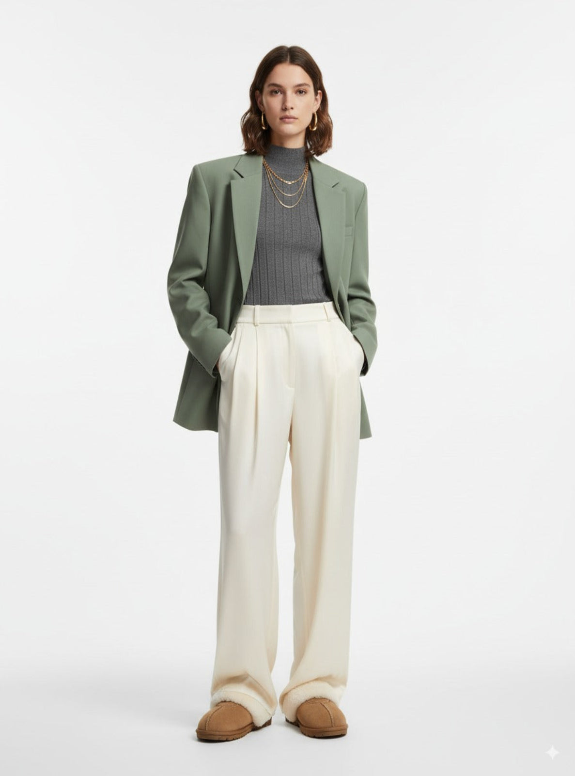Woman wearing a green blazer, gray sweater, white pants, and brown shoes on a white background