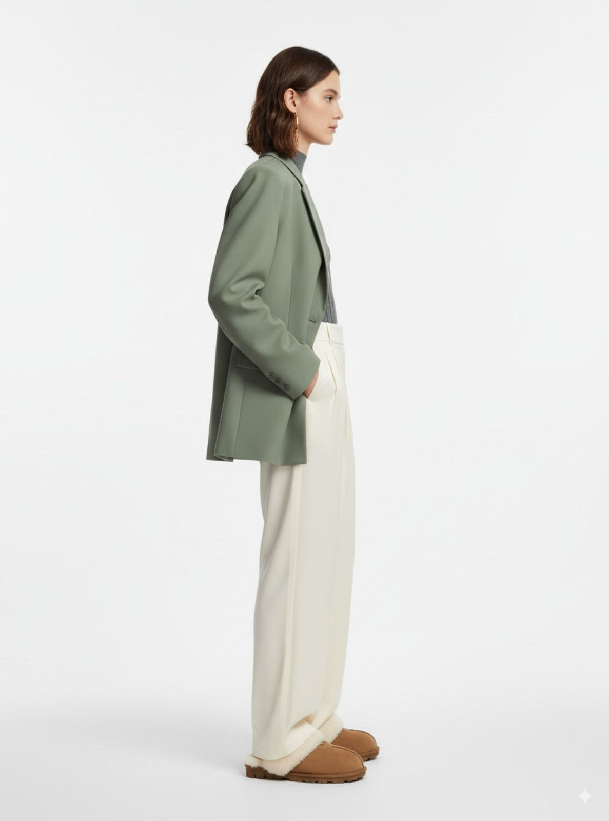Person wearing a green blazer and white pants on a white background