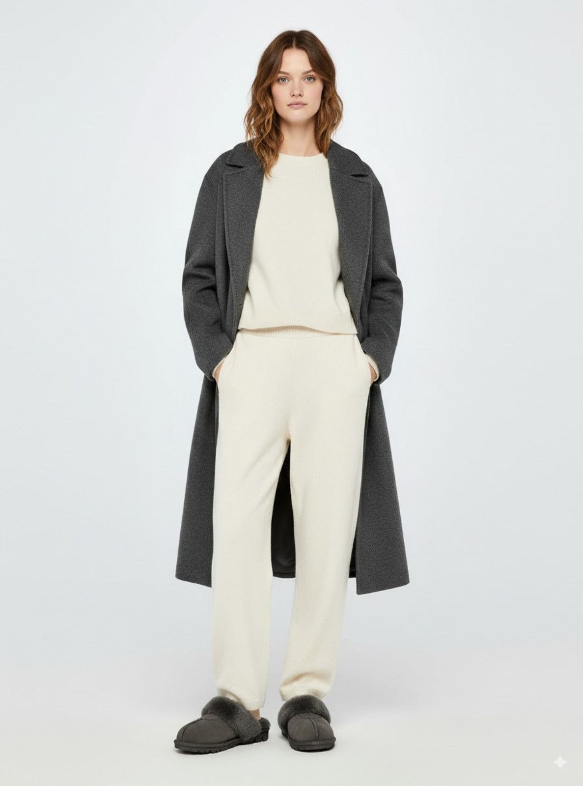 Woman wearing a long dark coat over a light sweater and pants, standing against a white background.