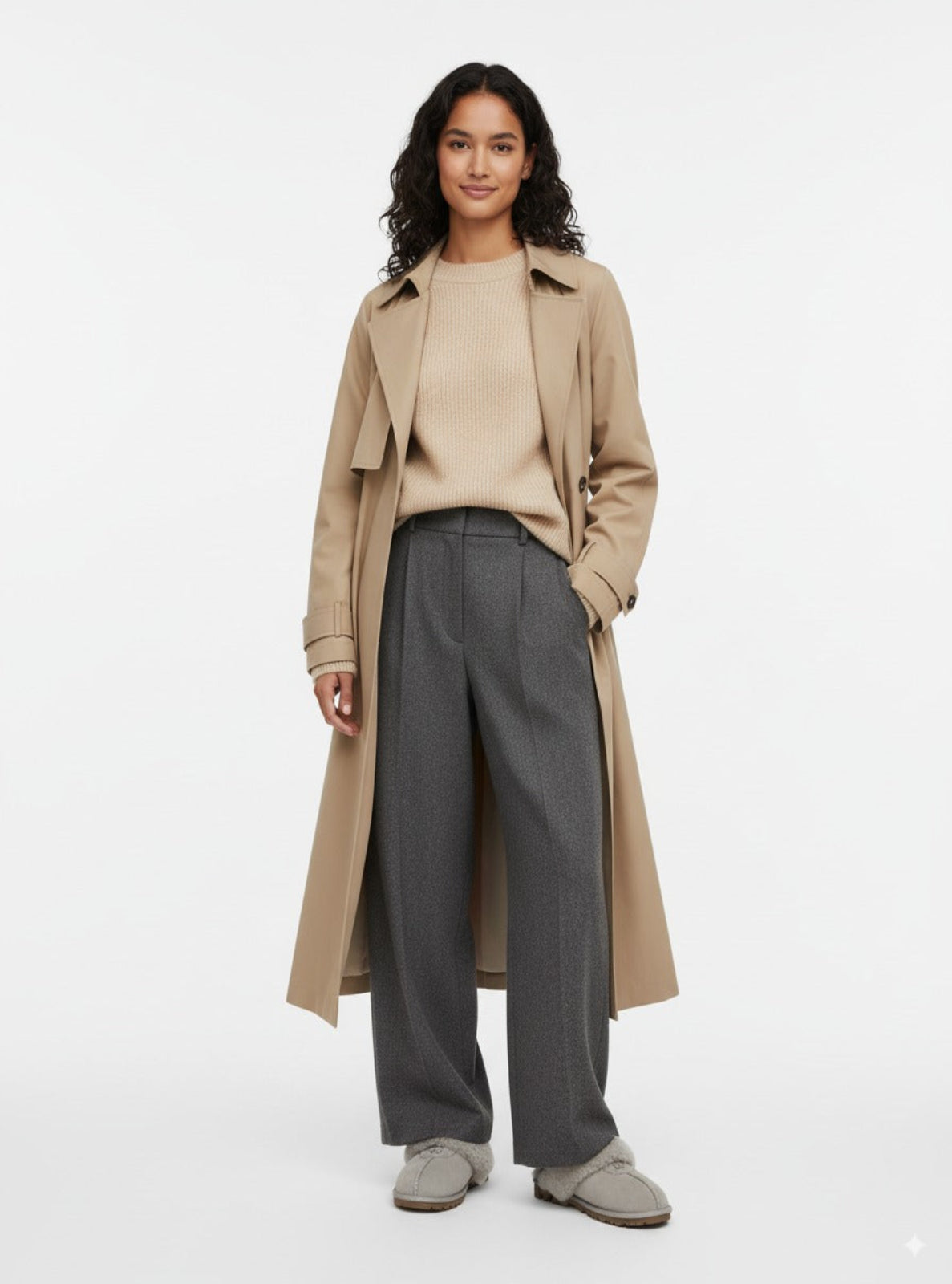 Woman wearing a beige trench coat, beige sweater, and gray pants on a white background