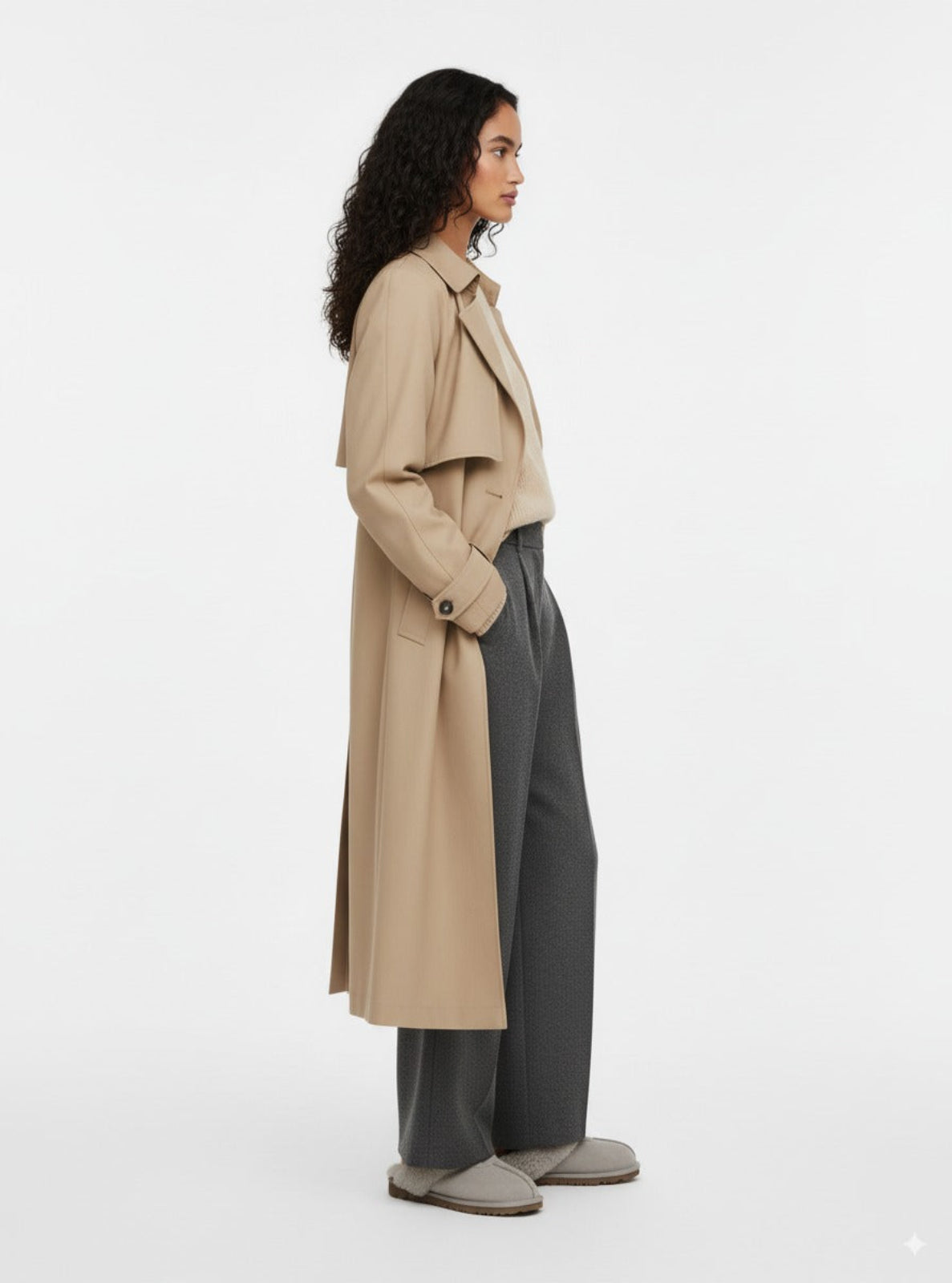 Woman wearing a beige trench coat on a white background