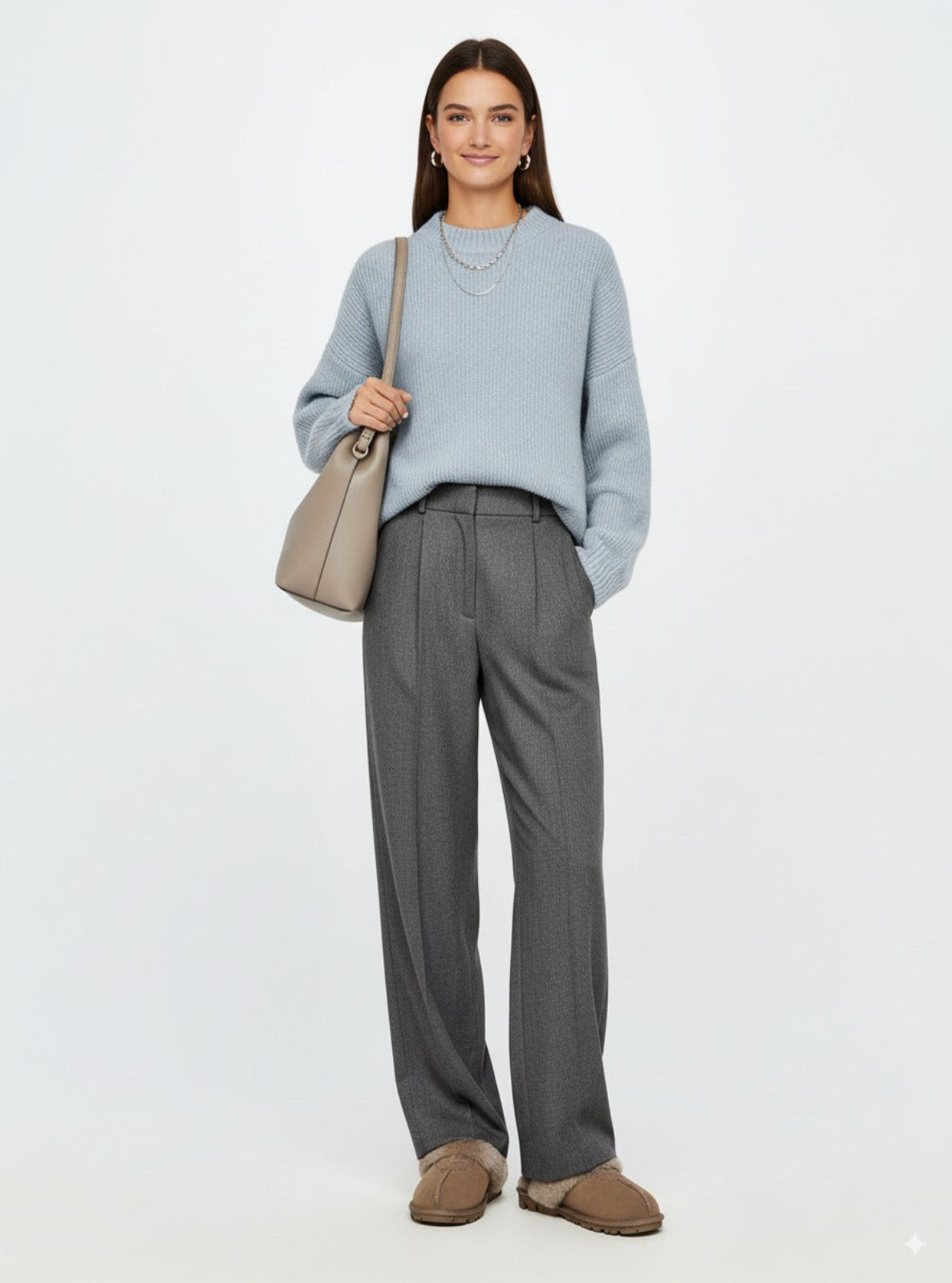 Woman wearing a light blue sweater and gray pants, holding a beige handbag on a white background