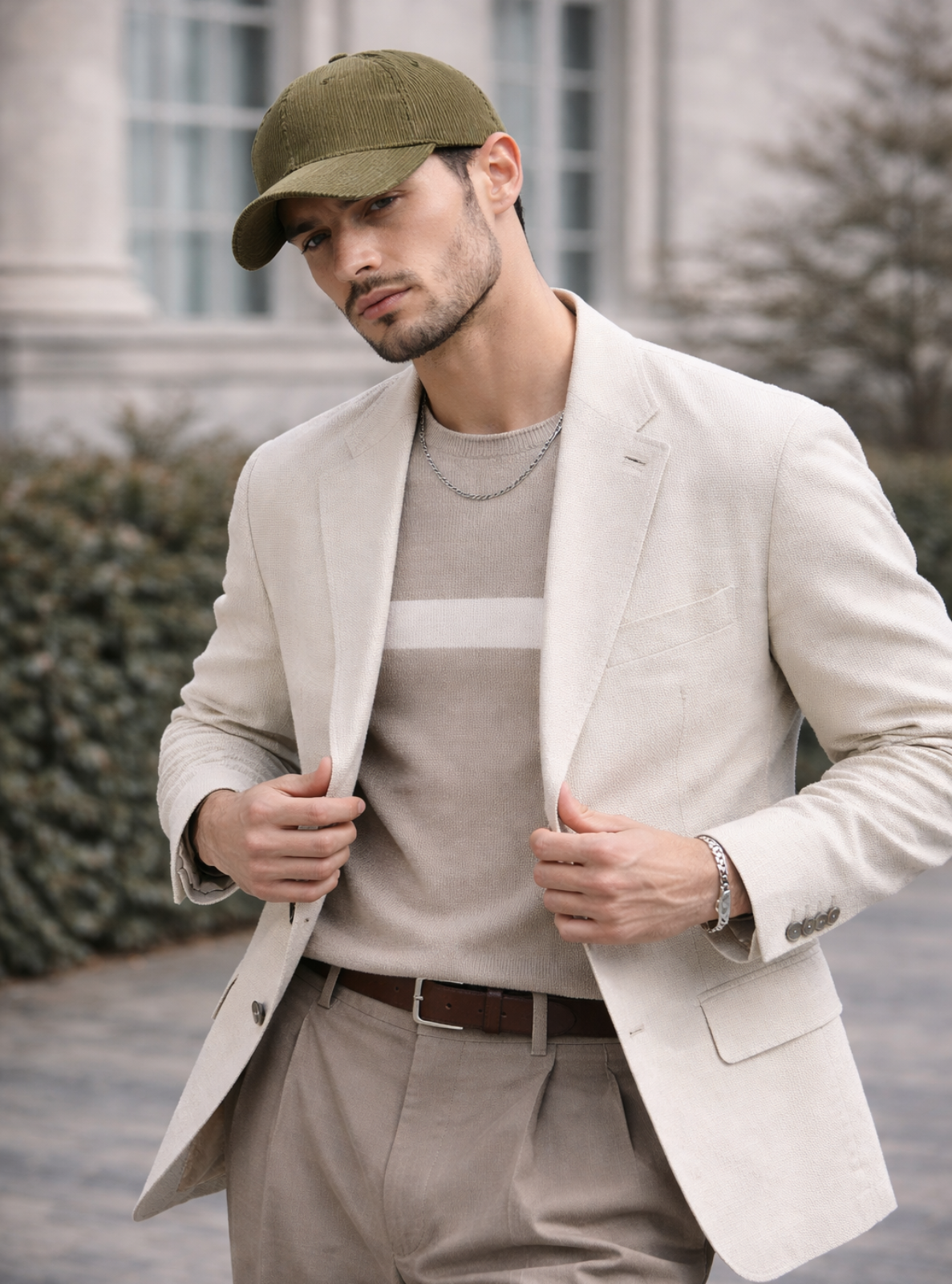 Man wearing a beige blazer, gray shirt, and olive cap outdoors.