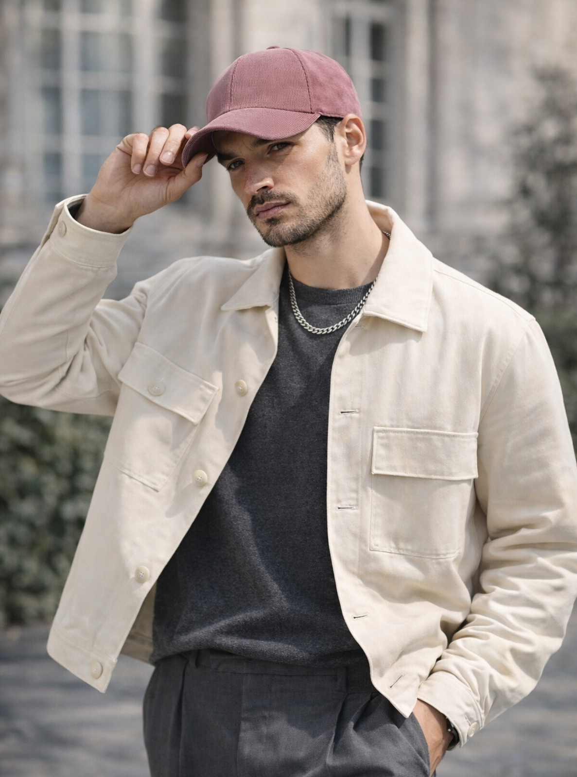 Man wearing a beige jacket, dark shirt, and pink cap outdoors.