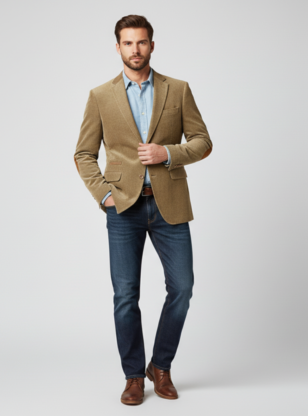 Man wearing a beige blazer, blue shirt, and jeans on a light gray background