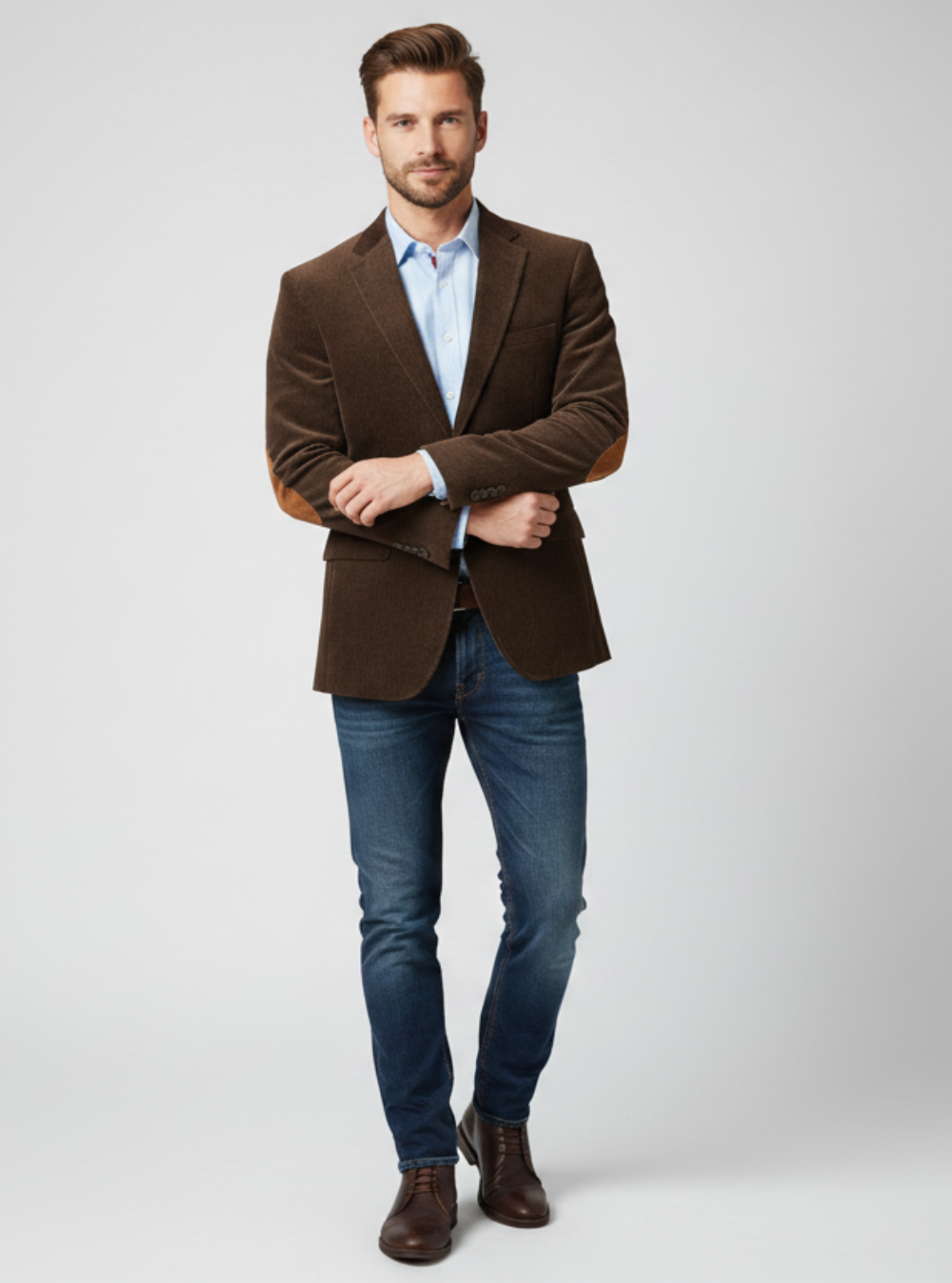 Man wearing a brown blazer, light blue shirt, and jeans on a white background