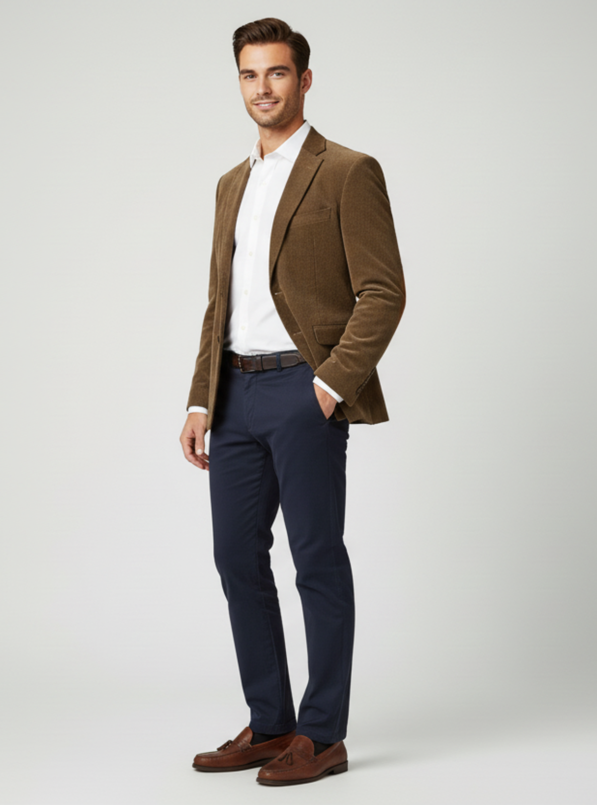 Man wearing a brown blazer, white shirt, and dark blue pants on a light gray background