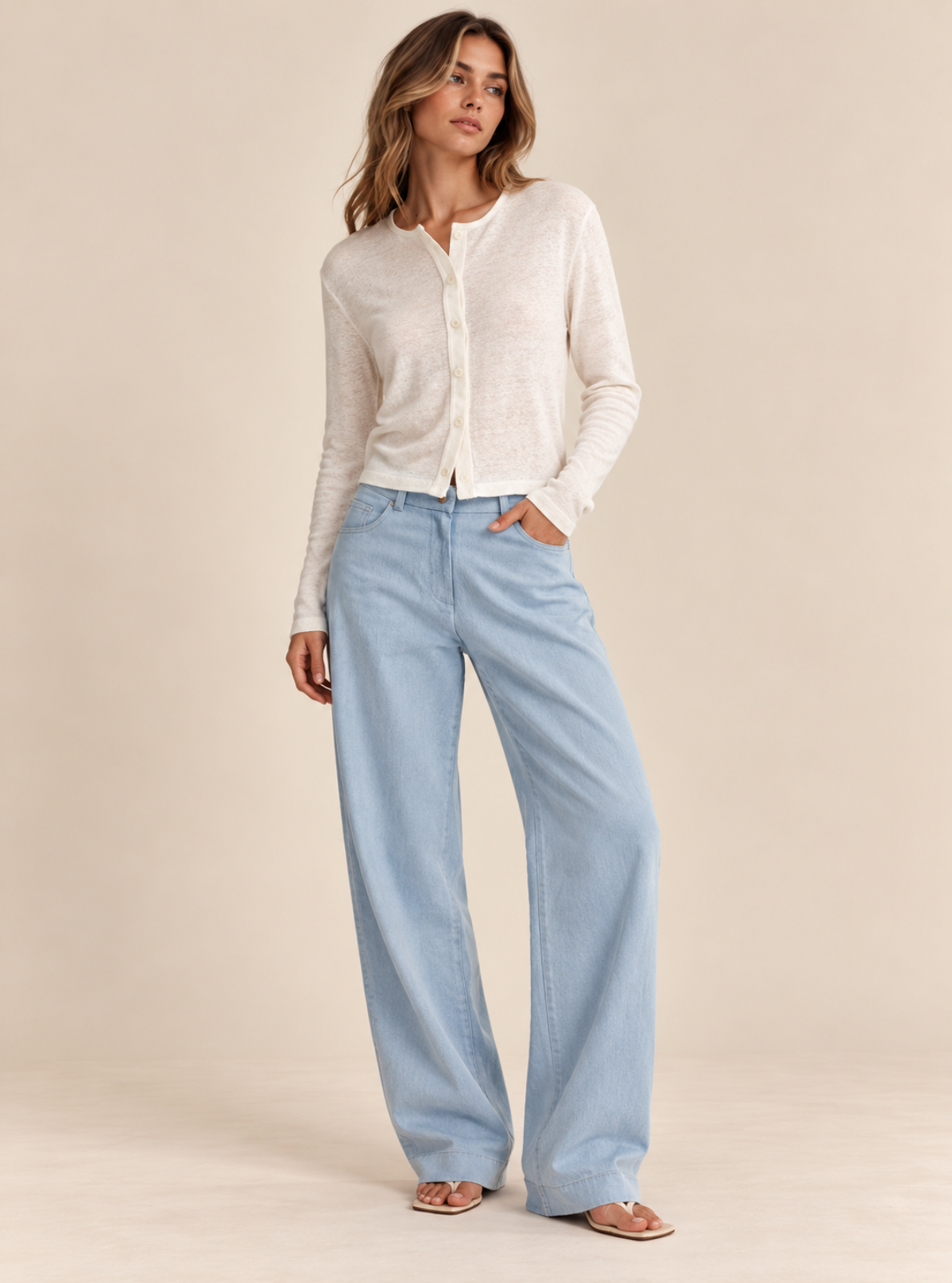 A woman modeling a light cream knit cardigan and light blue wide-leg jeans against a solid beige studio background.
