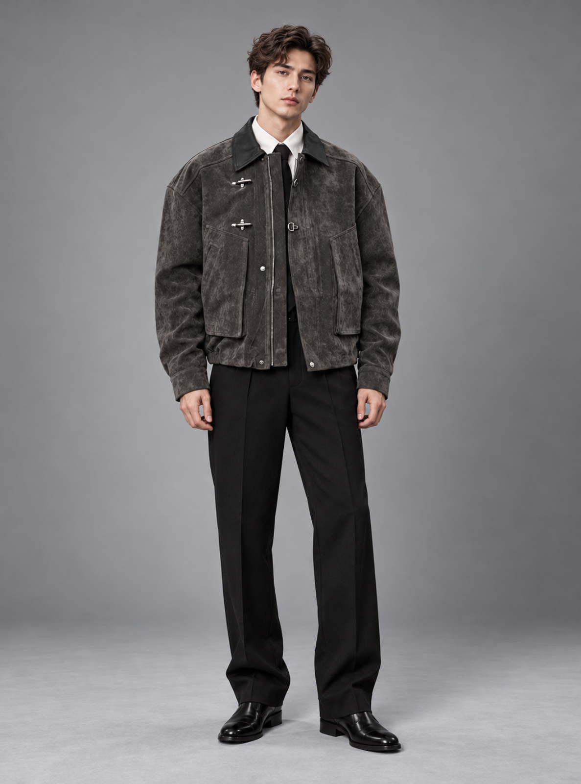 A male model stands against a gray studio background wearing a dark textured jacket with toggle closures over a white collared shirt and black tie, paired with black trousers and black shoes.