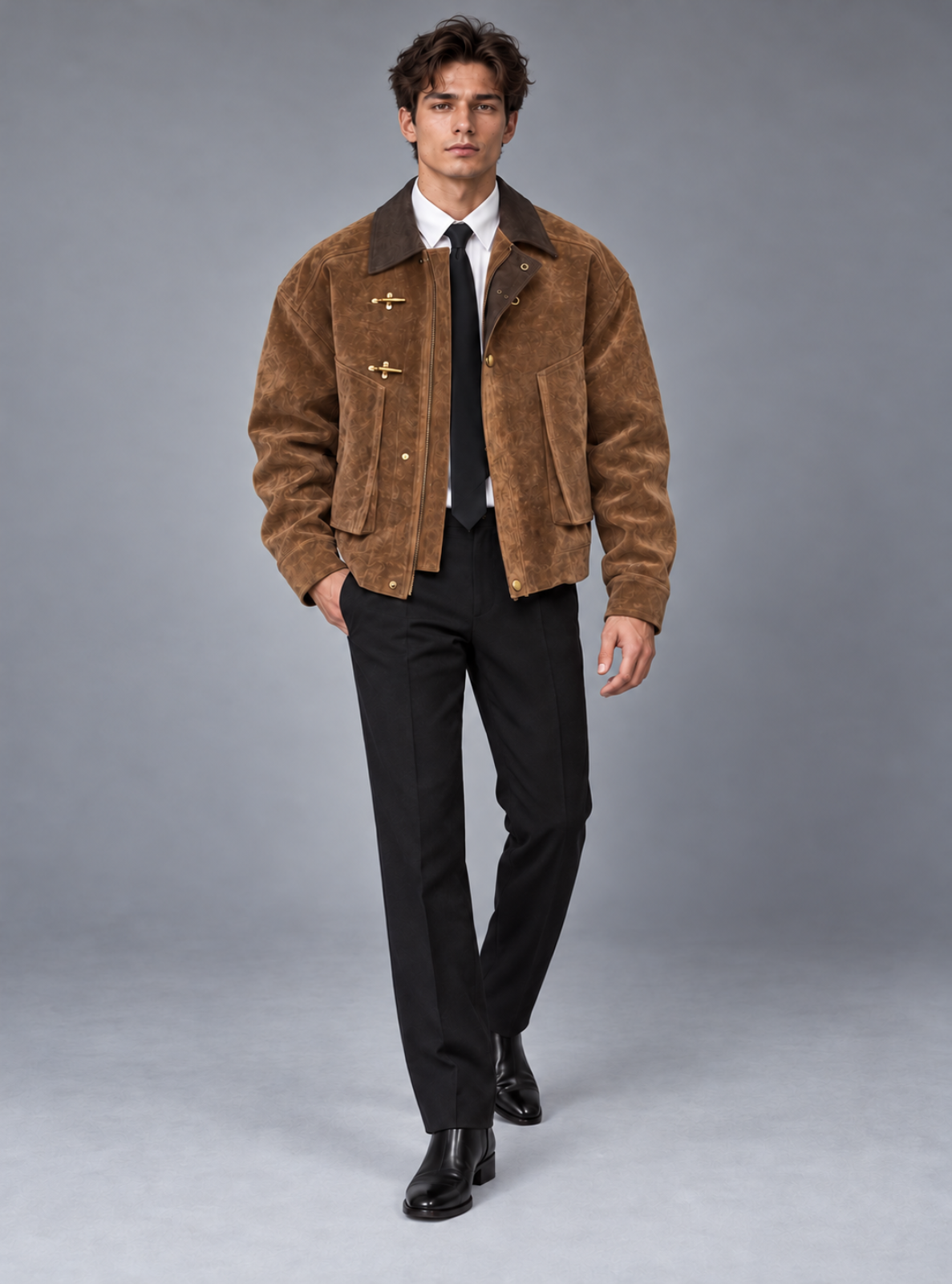 A male model wearing a brown suede jacket with toggle closures, a white dress shirt, a black tie, black trousers, and black leather shoes, standing against a gray studio background.