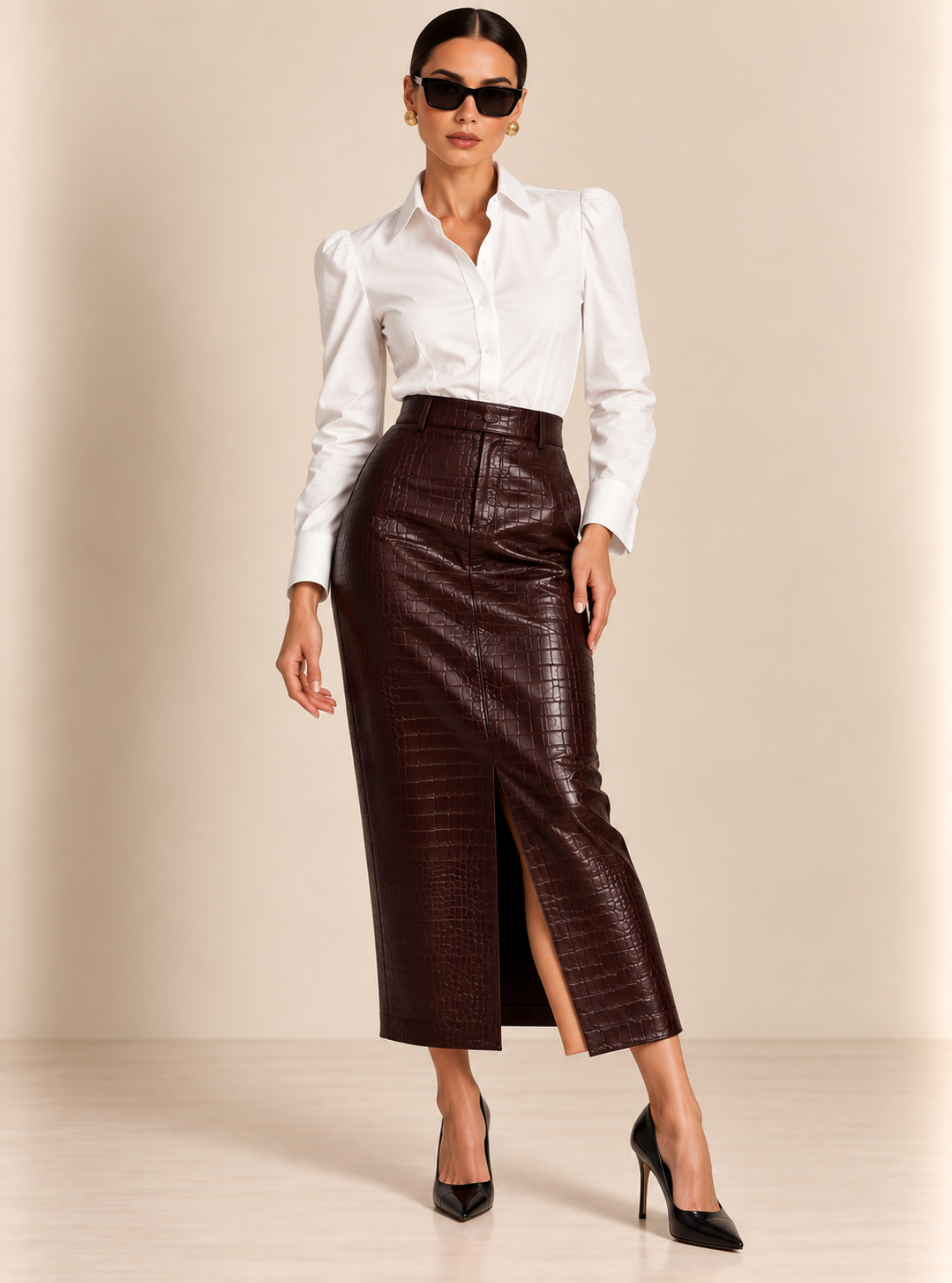A model wearing a white button-down blouse, a dark brown crocodile-embossed midi skirt with a front slit, black sunglasses, and black high heels, standing against a beige studio background.