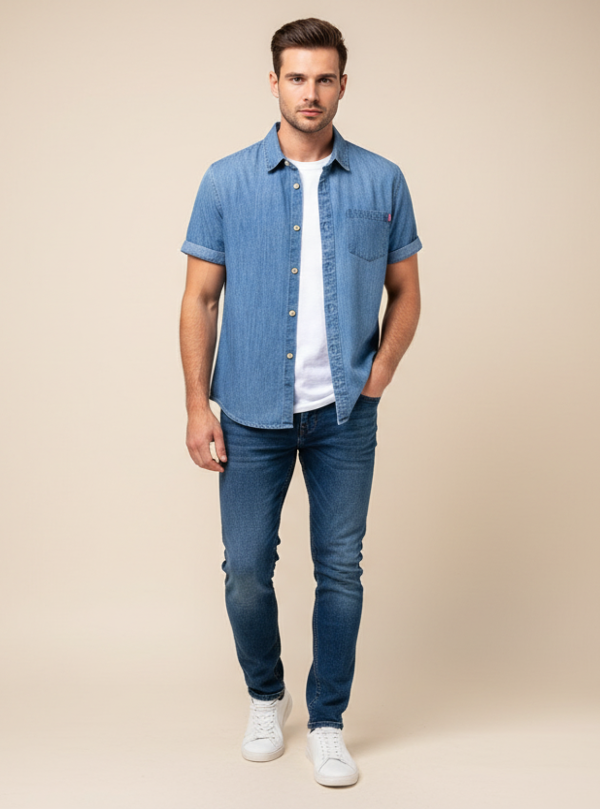Man wearing a blue denim shirt and jeans on a beige background