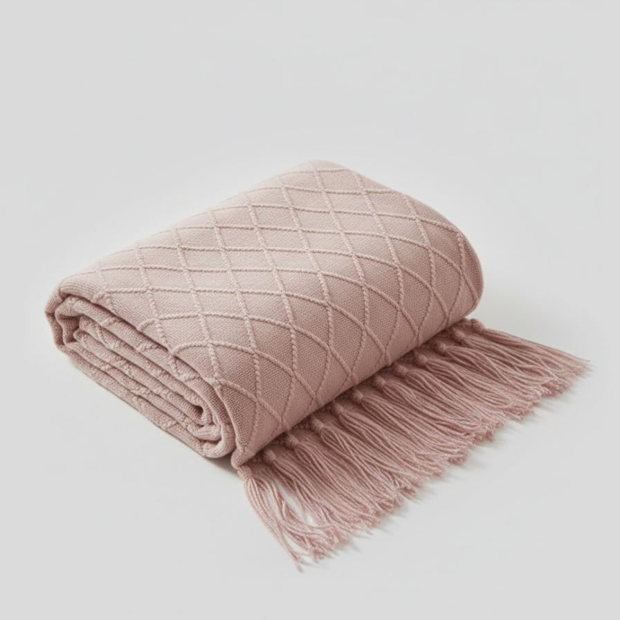 Folded pink blanket with tassels on a light gray background