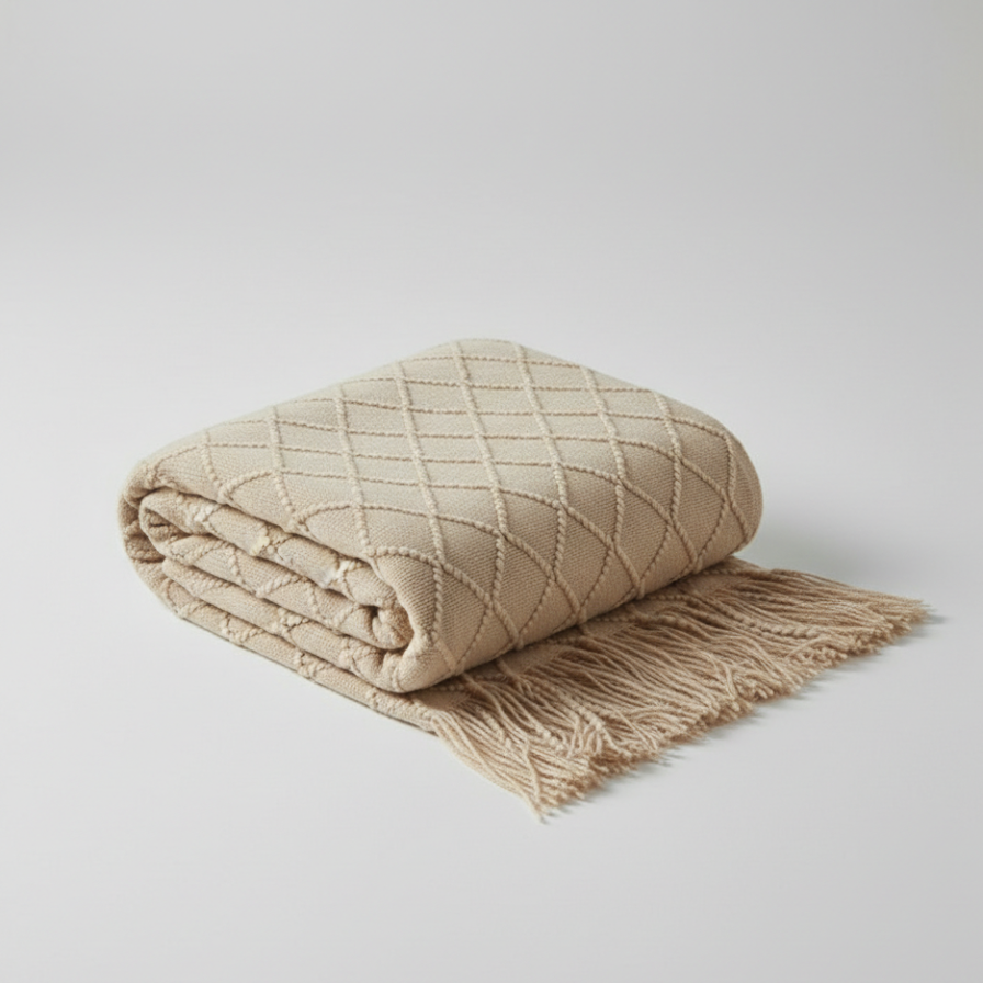 Beige quilted throw blanket with fringes on a light gray background