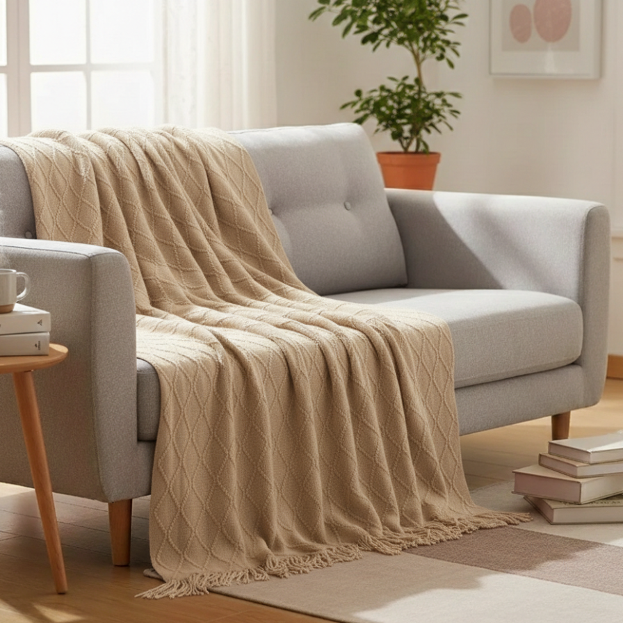 Beige blanket draped over a gray sofa in a cozy living room.