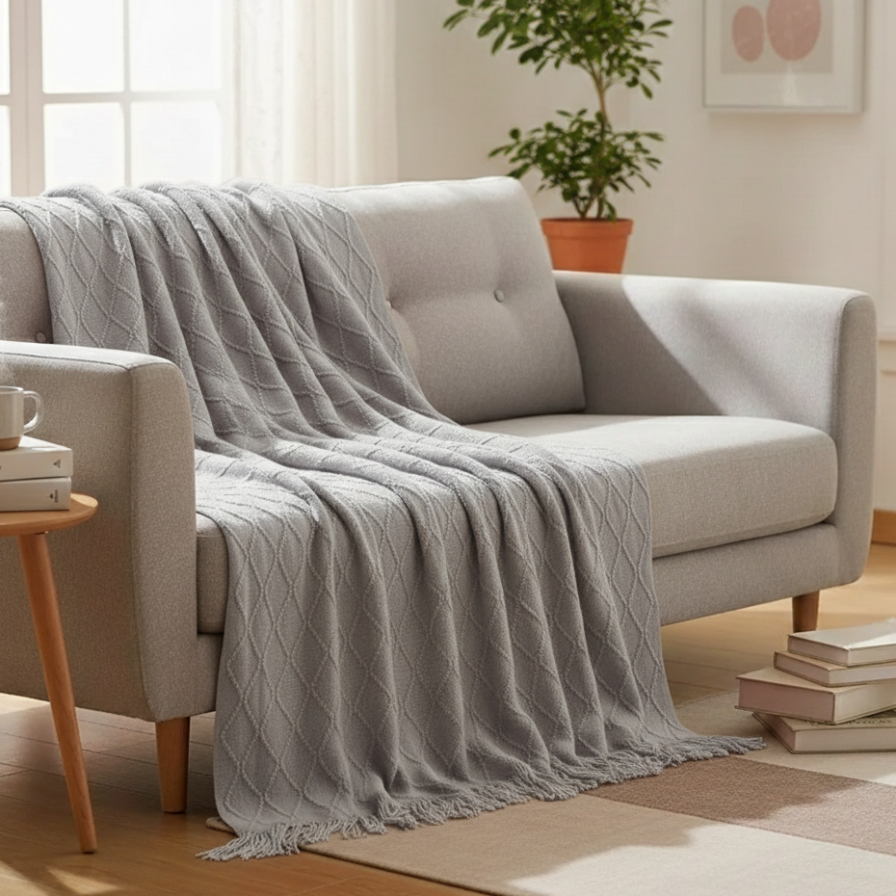 Gray textured throw blanket draped over a light gray sofa in a cozy living room.