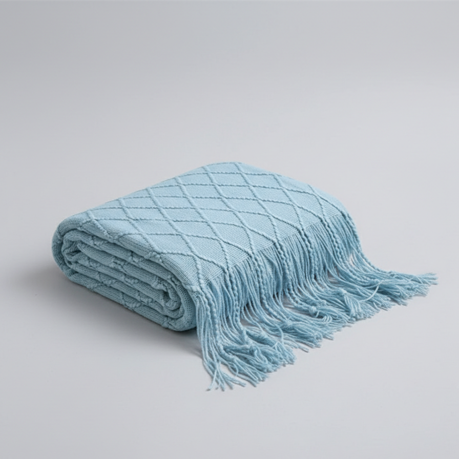 Folded light blue blanket with tassels on a gray background