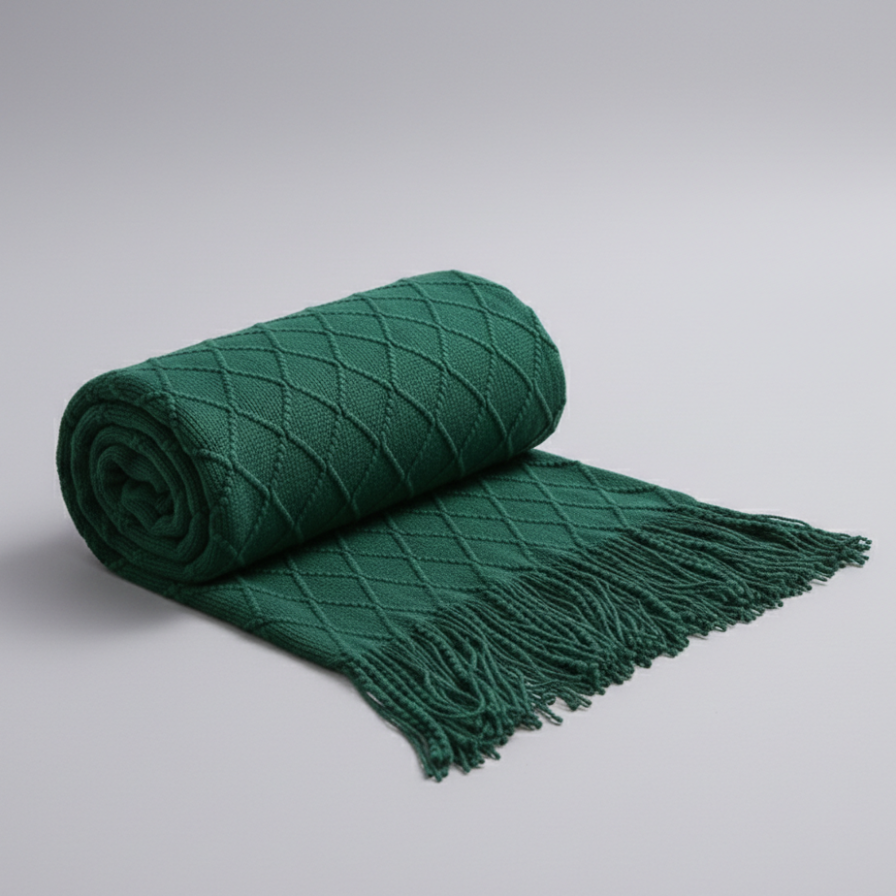 Rolled green blanket with fringes on a gray background