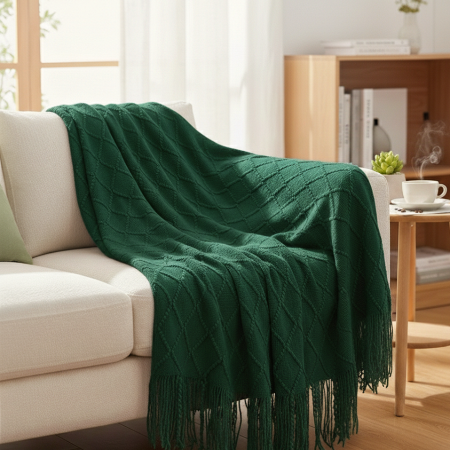 Green blanket draped over a beige sofa in a living room setting.