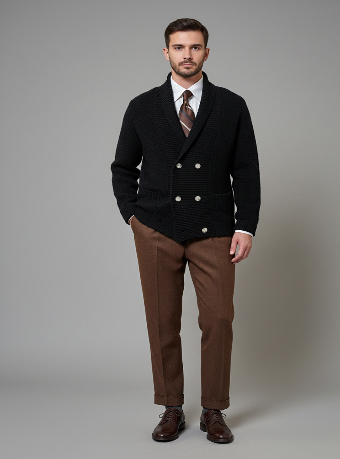 Man wearing a black coat with white buttons, brown tie, and brown pants on a gray background