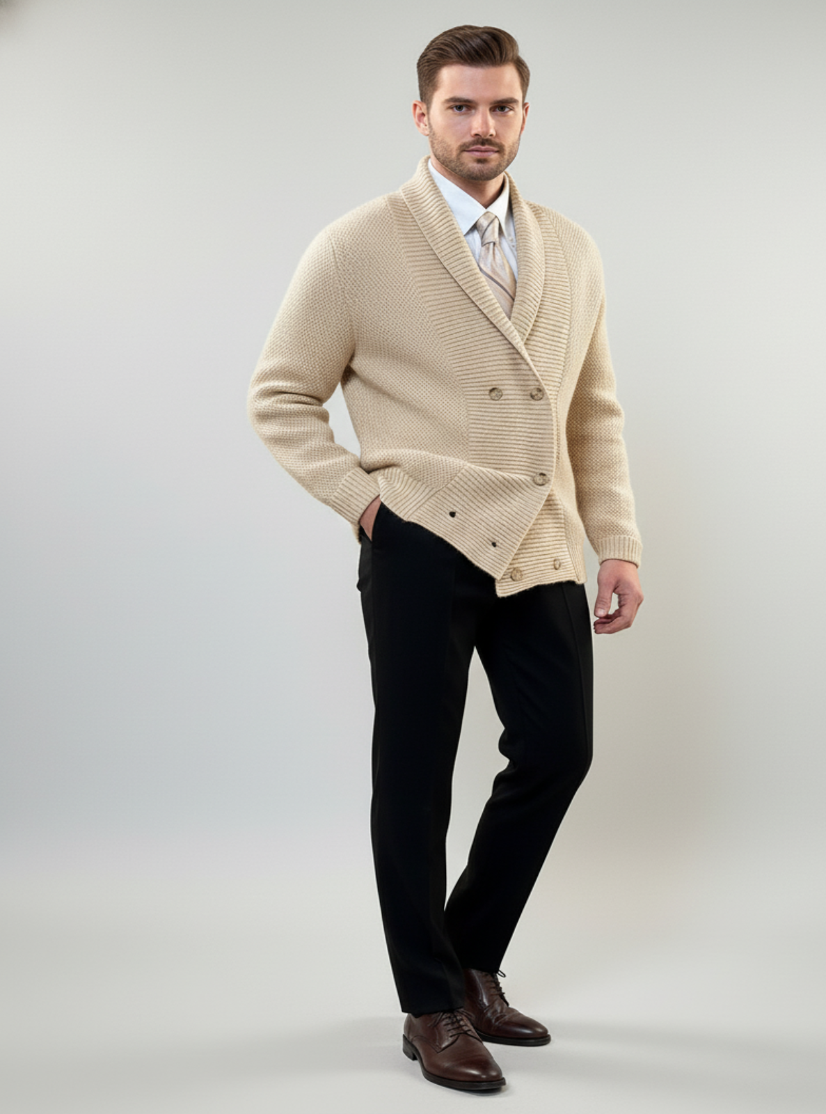 Man wearing a beige cardigan over a white shirt with black pants on a plain background