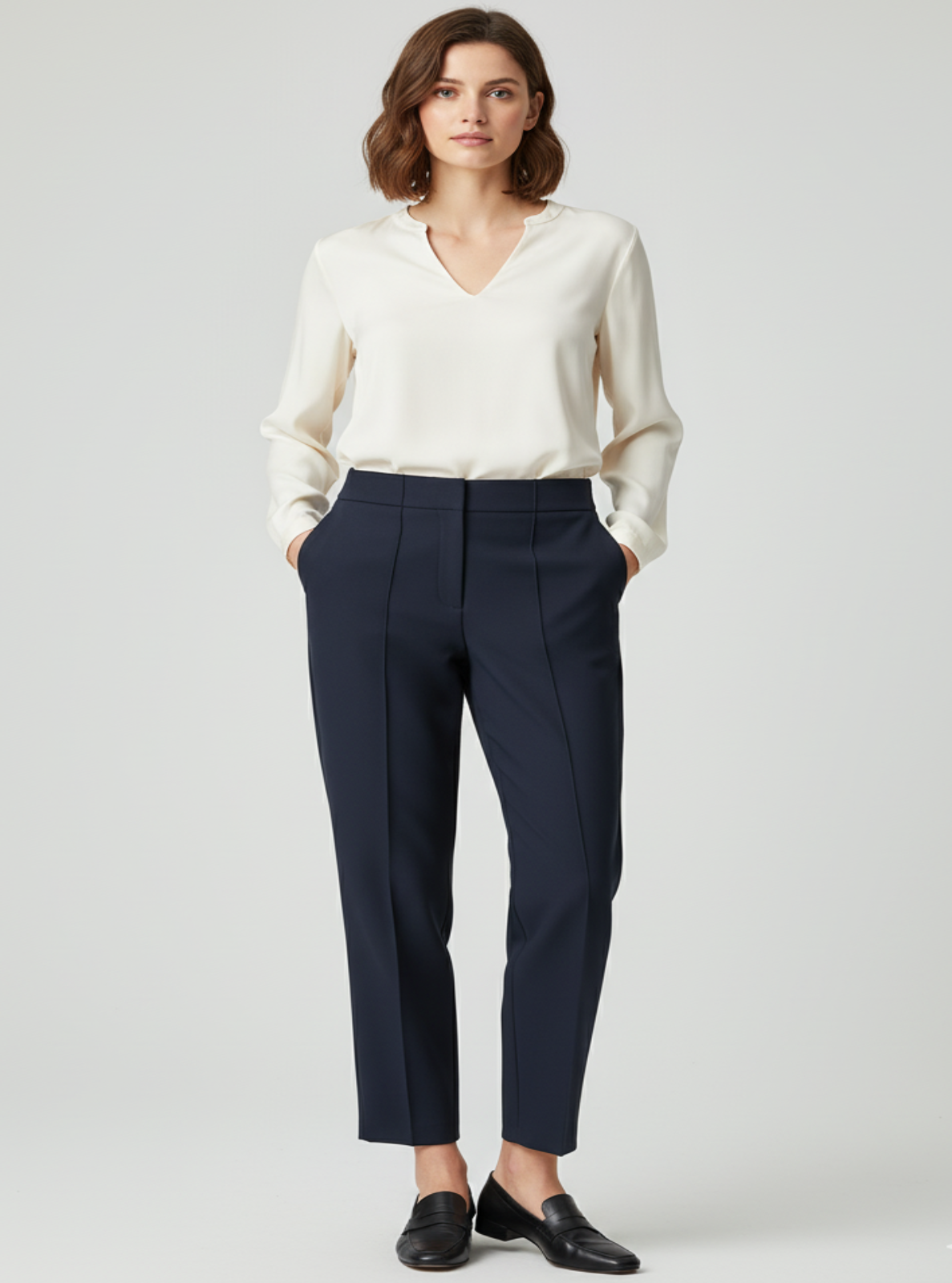 Woman wearing a white blouse and navy pants on a light gray background
