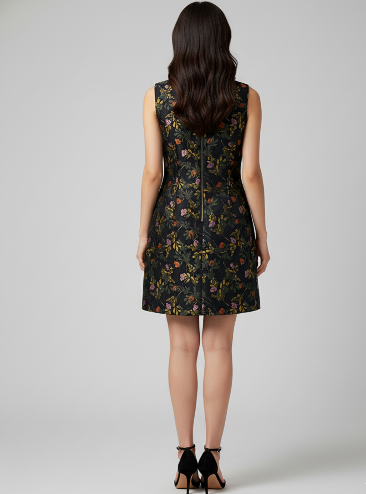 Embroidered Floral Brocade Sleeveless Dress