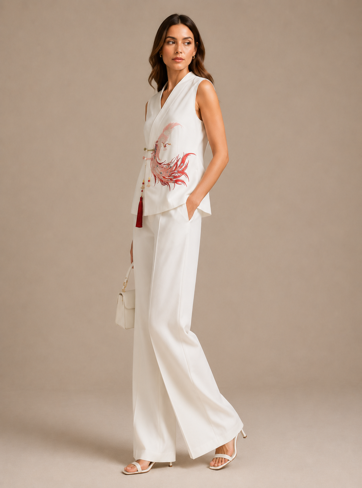 A woman models a white sleeveless wrap-style vest and matching wide-leg trousers set, featuring a red dragon graphic on the vest and a red tassel detail, against a solid beige studio background.