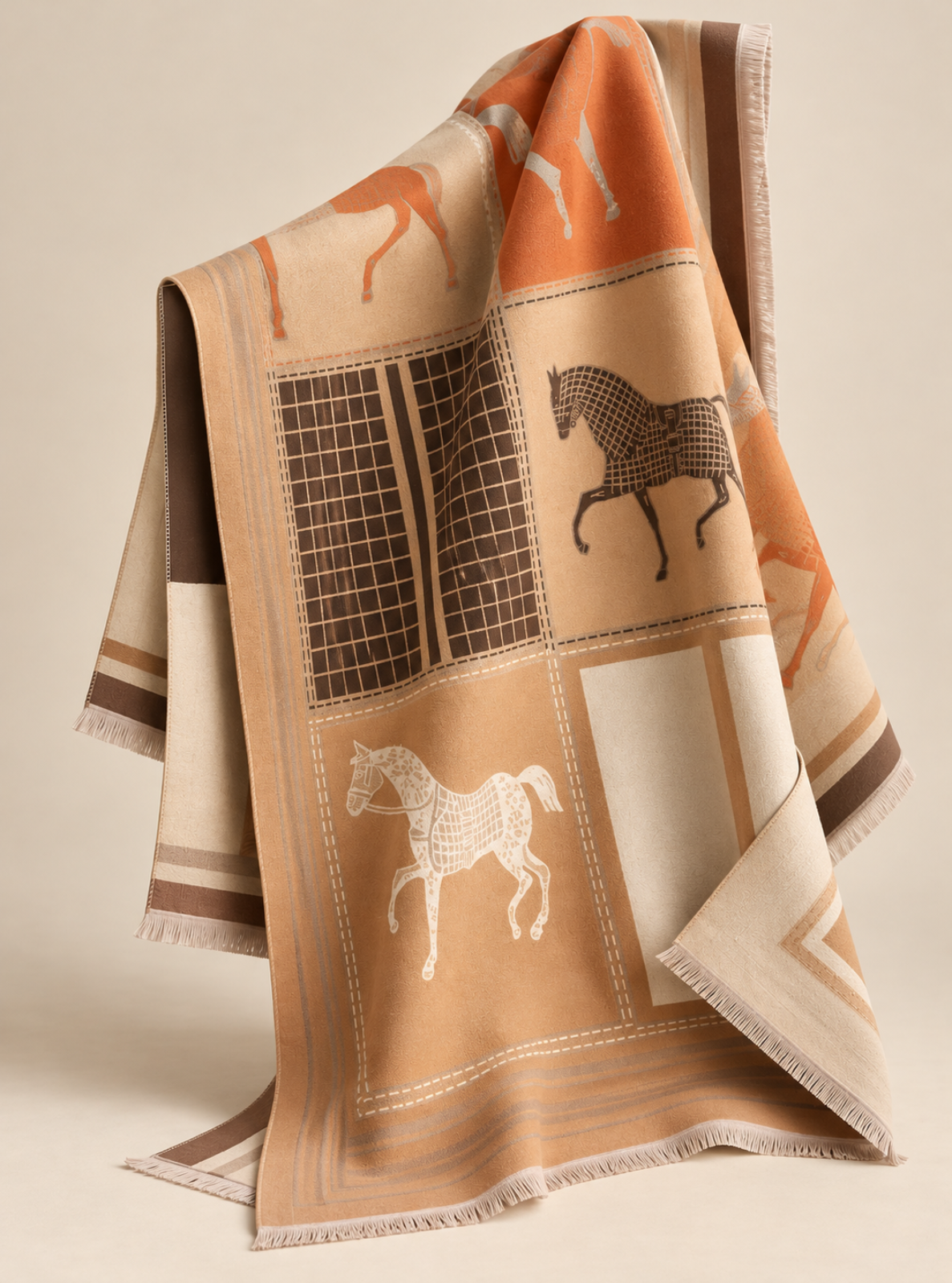 A luxury woven scarf draped elegantly, featuring a patchwork design with horse illustrations, stripes, and geometric blocks in beige, orange, and brown tones.