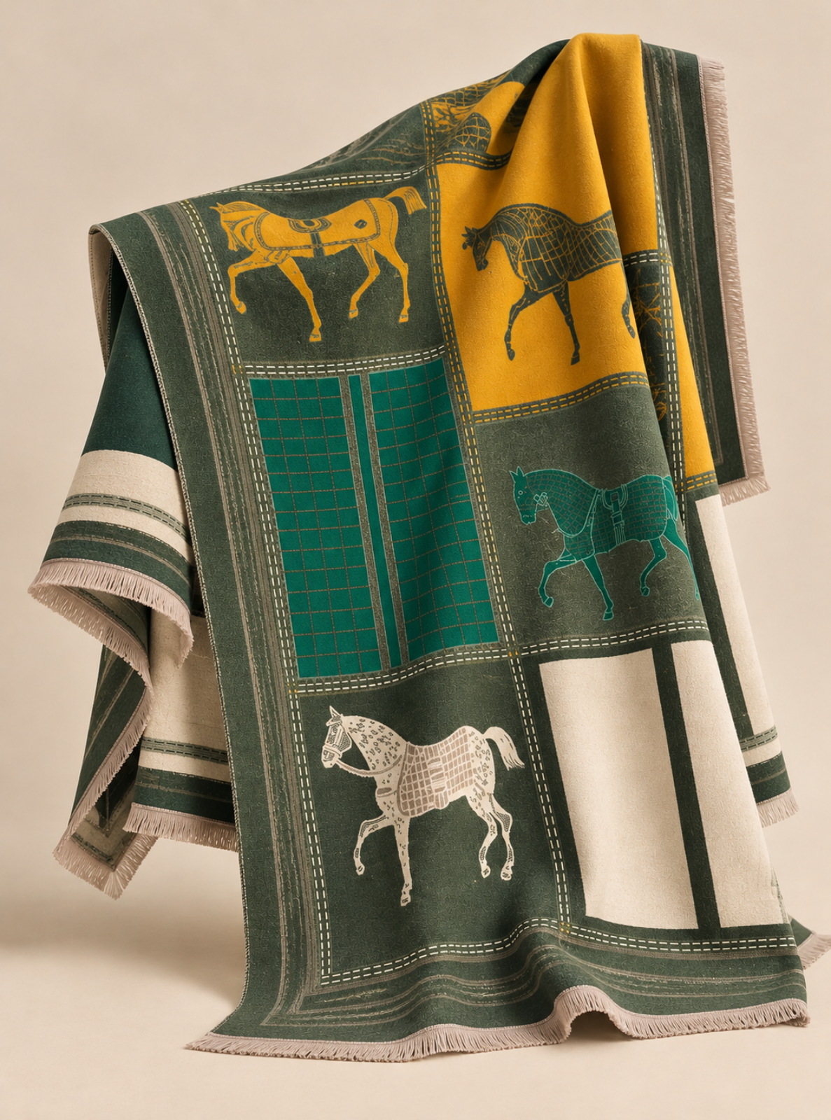 A woven throw blanket draped to show its pattern, featuring horse illustrations and green grid blocks on a dark green, yellow, and cream background.