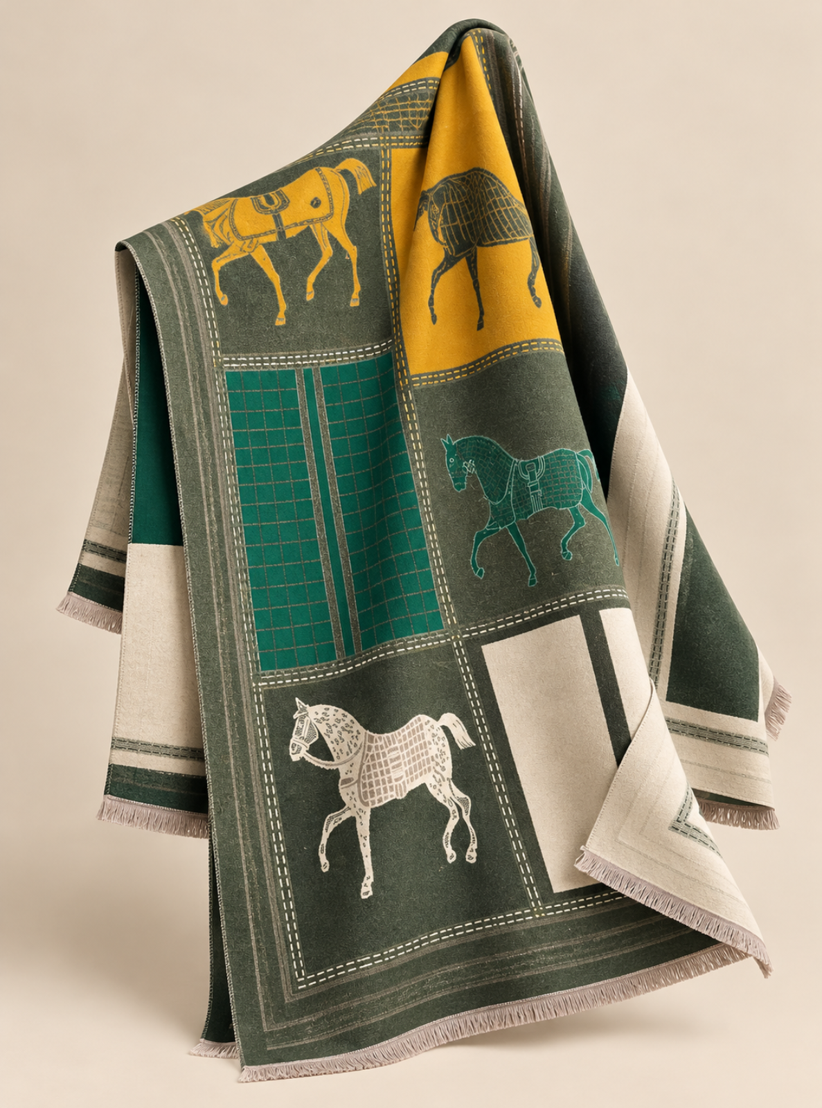 A folded woven throw blanket with a patchwork design featuring horse illustrations in yellow, teal, and white, set against a dark green and cream background, on a warm beige studio background.