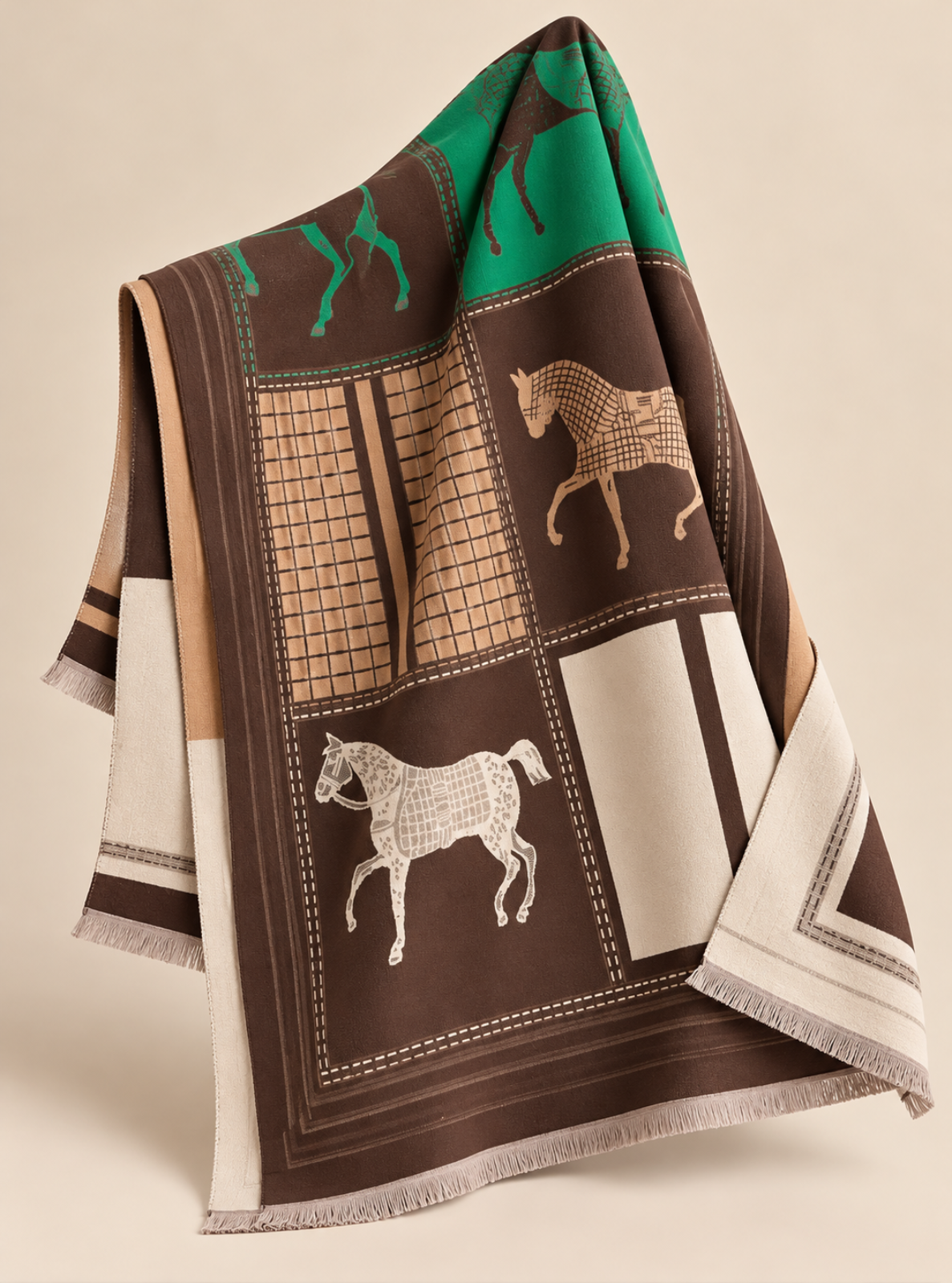 A luxury throw blanket featuring a horse-themed patchwork design in brown, beige, white, and green, draped elegantly against a warm beige background.